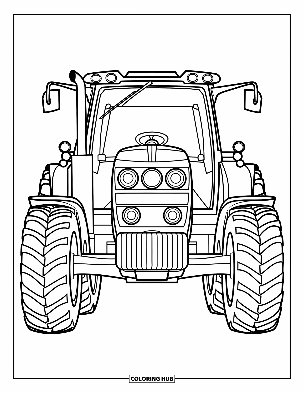 Dibujo de tractor para colorear para niños: Un tractor con grandes faros y un cargador frontal se muestra desde el frente
