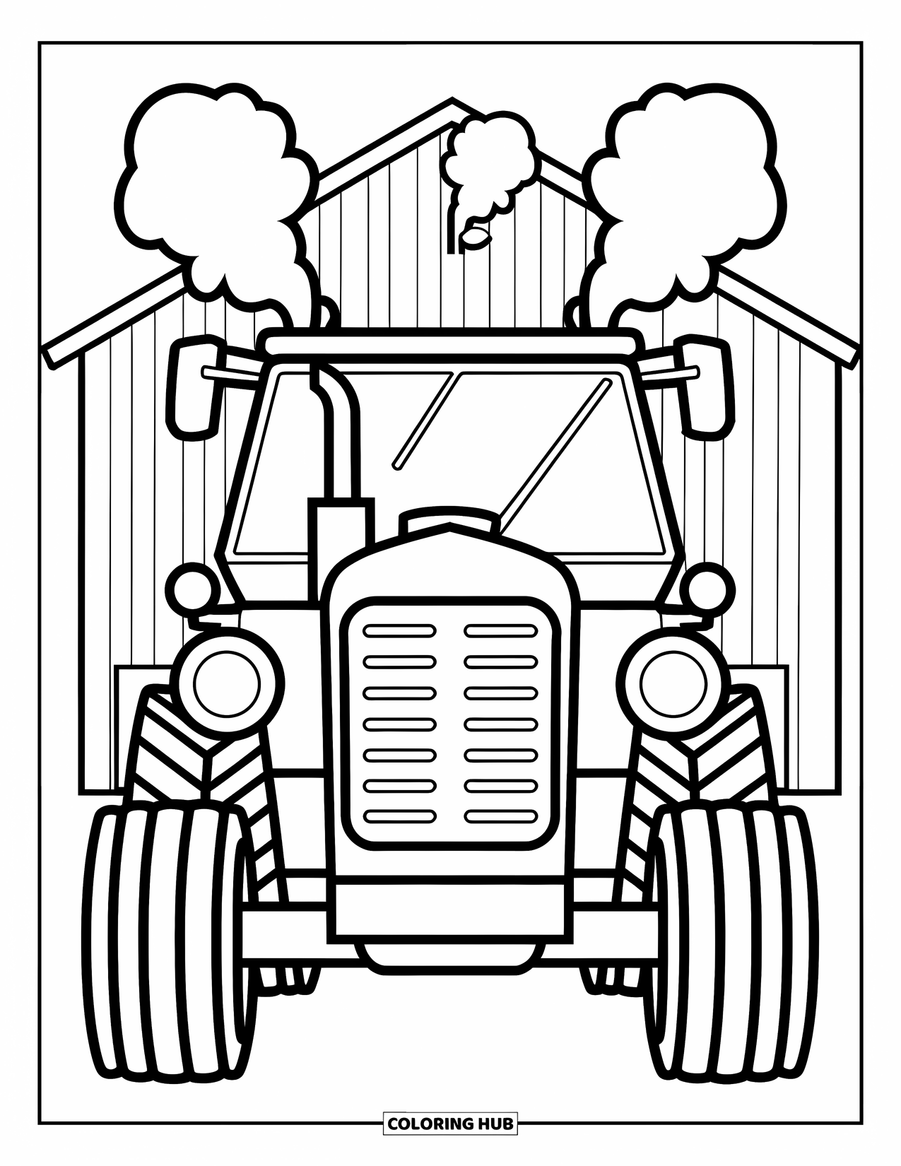 Dibujo de tractor para colorear para niños: Un tractor con grandes faros y bocanadas de vapor se encuentra frente a un granero
