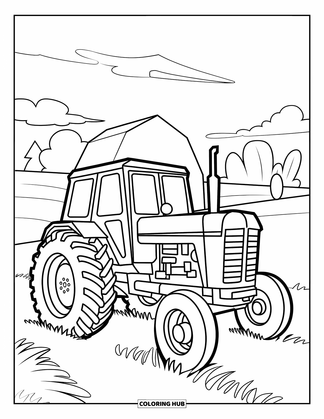 Dibujo de tractor para colorear para niños: Un tractor con grandes ruedas redondas pasa junto a un granero y algunos árboles