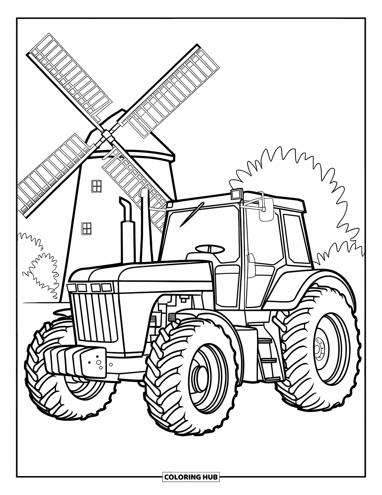 Dibujo de tractor para colorear para niños: Un tractor con detalles llamativos está estacionado junto a un molino de viento y algunos árboles