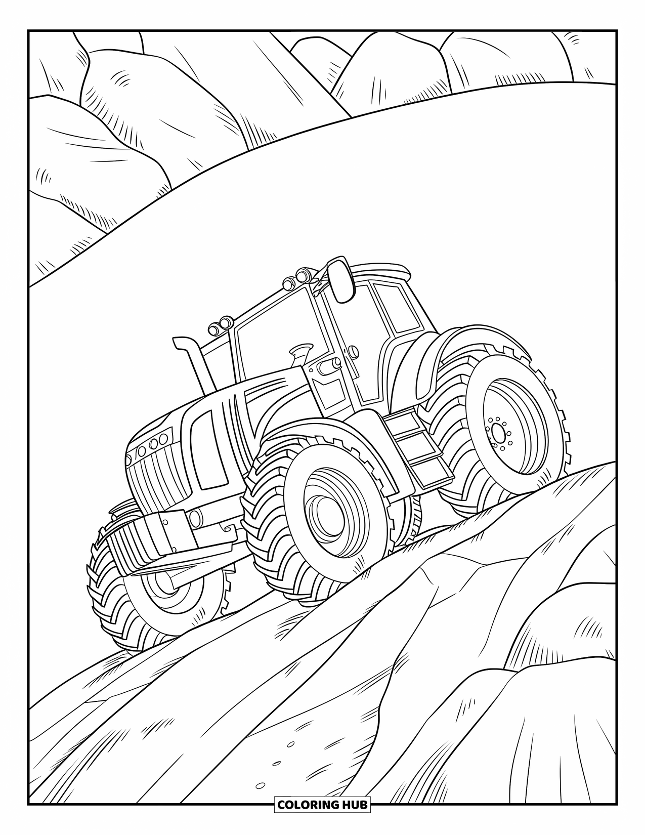Dibujo de tractor para colorear para niños: Un tractor con marcas de tierra y huellas sube una colina rocosa con piedras grandes