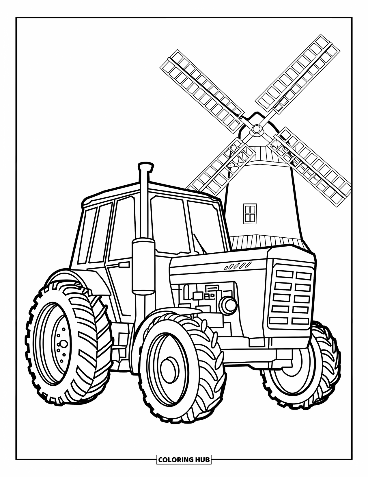 Dibujo de tractor para colorear para niños: Un tractor con tubos de escape y huellas está situado con un molino de viento al fondo