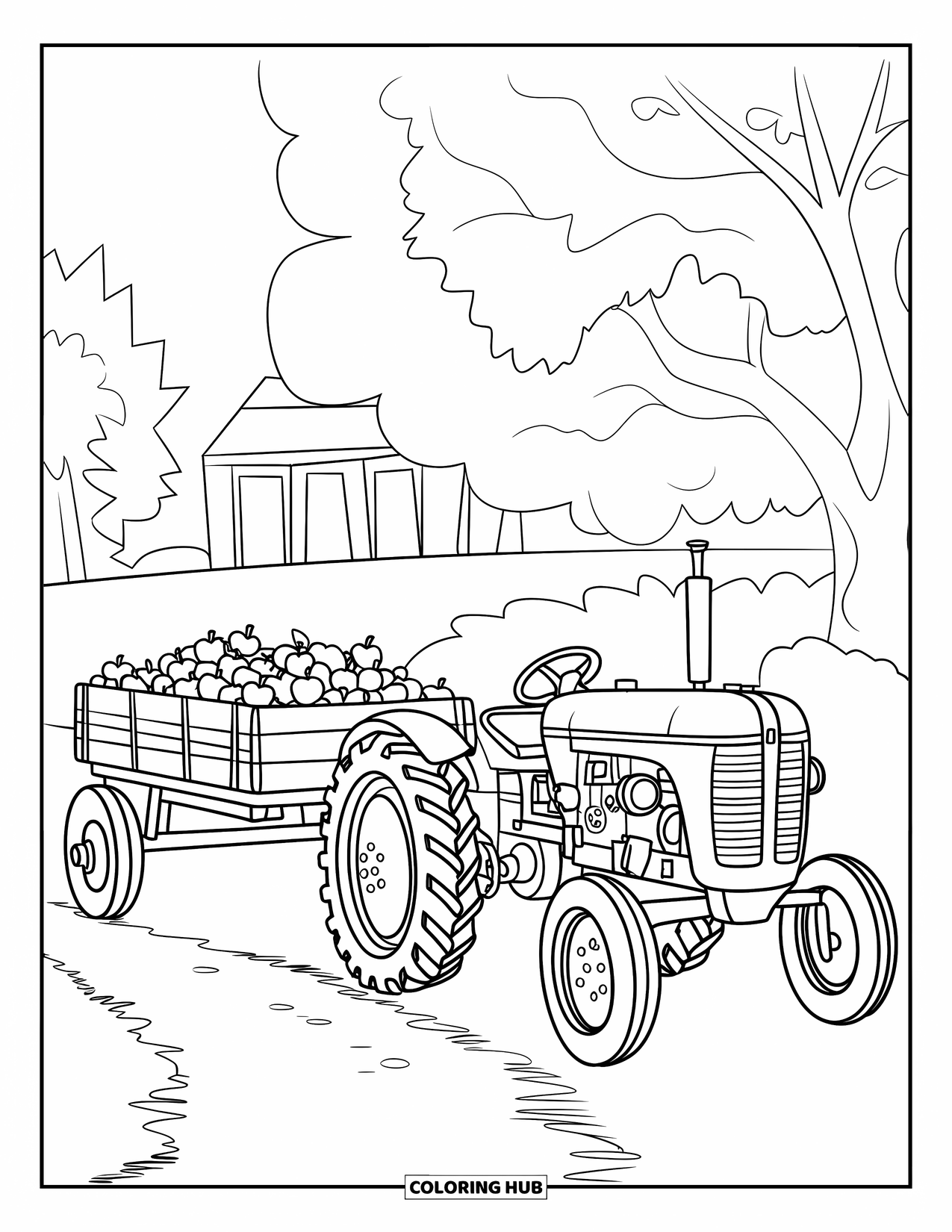 Dibujo de tractor para colorear para niños: Un tractor con engranajes tira de un vagón de manzanas a lo largo de un camino con árboles cerca