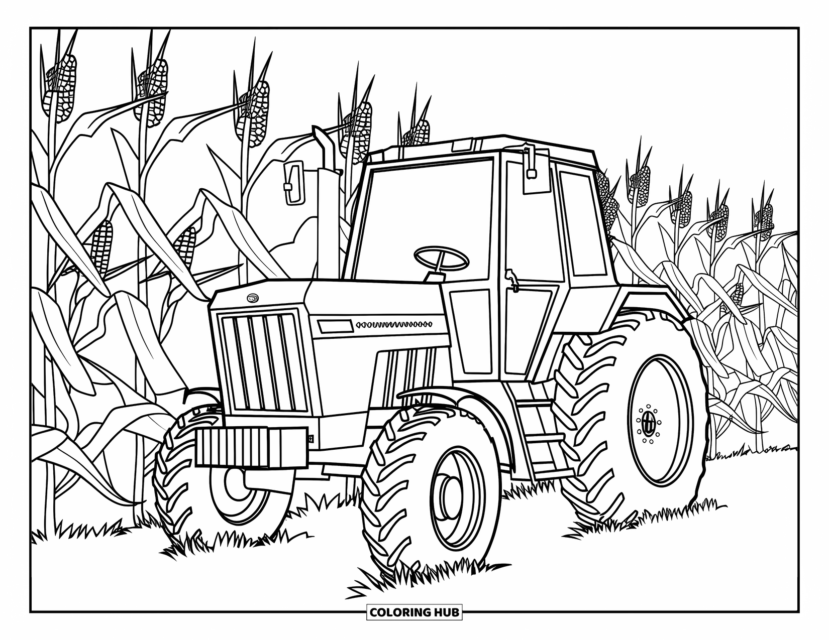 Dibujo de tractor para colorear para niños: Un tractor con ruedas delanteras grandes y traseras pequeñas está rodeado de altos tallos de maíz