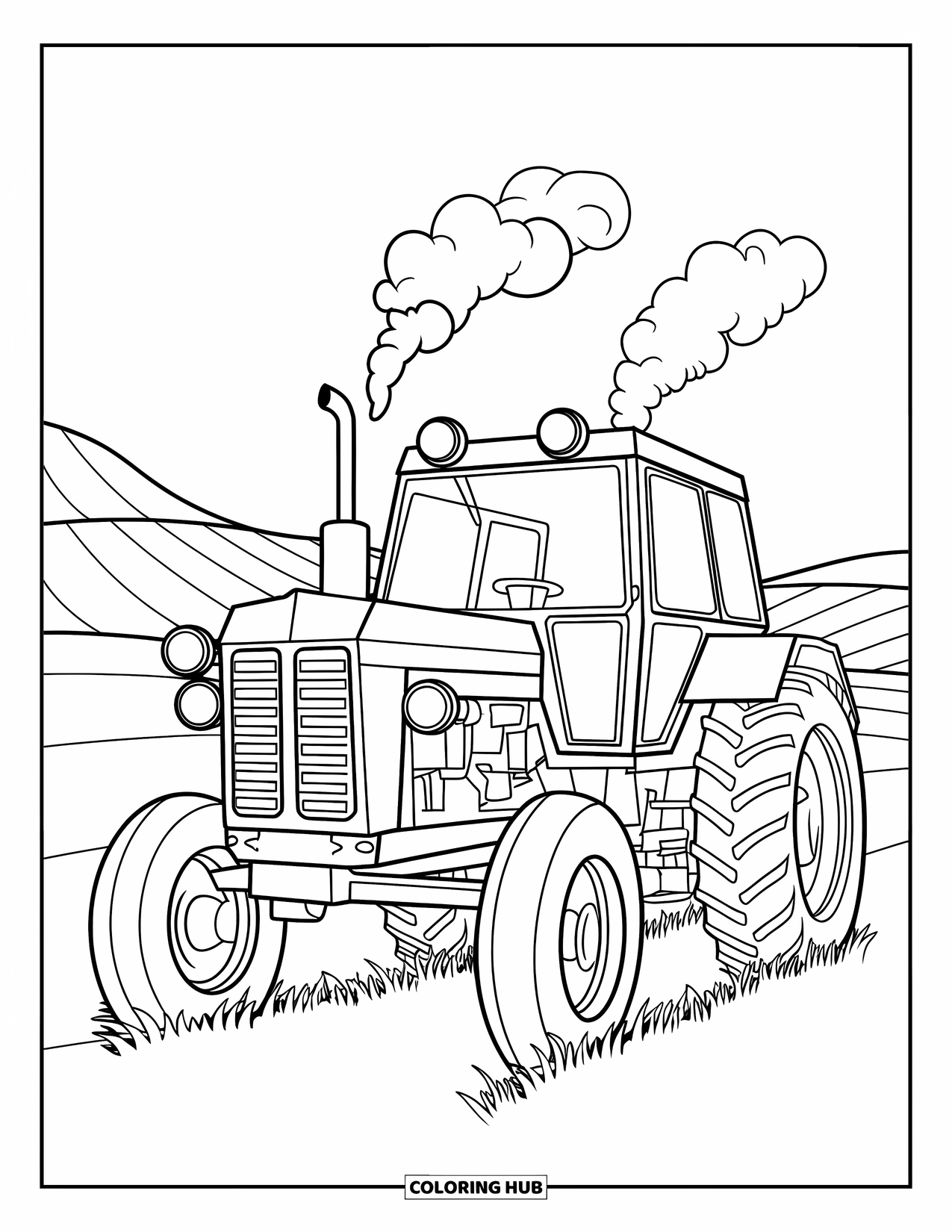 Dibujo de tractor para colorear para niños: Un tractor con grandes faros y vapor se encuentra en un campo con colinas