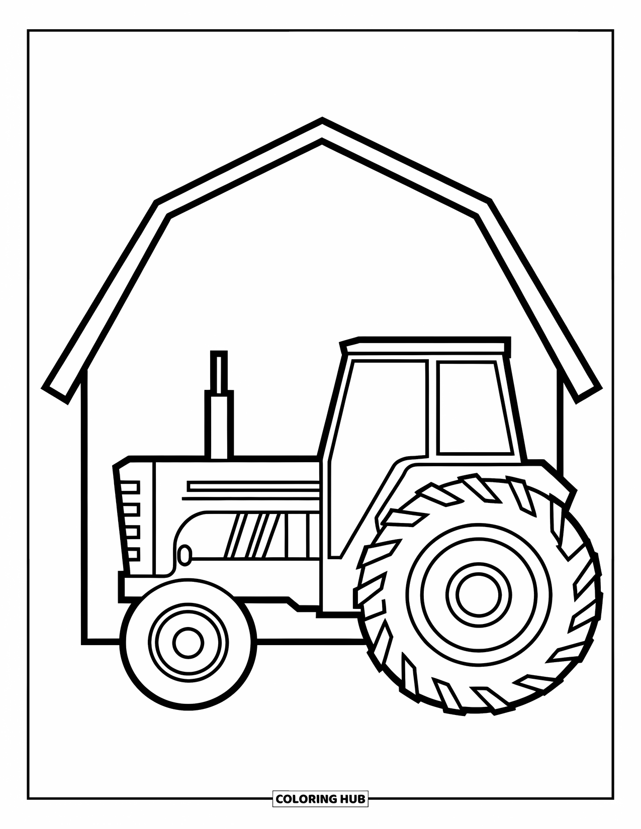 Dibujo de tractor para colorear para niños: Un tractor con ruedas grandes pasa junto a un granero con una forma simple