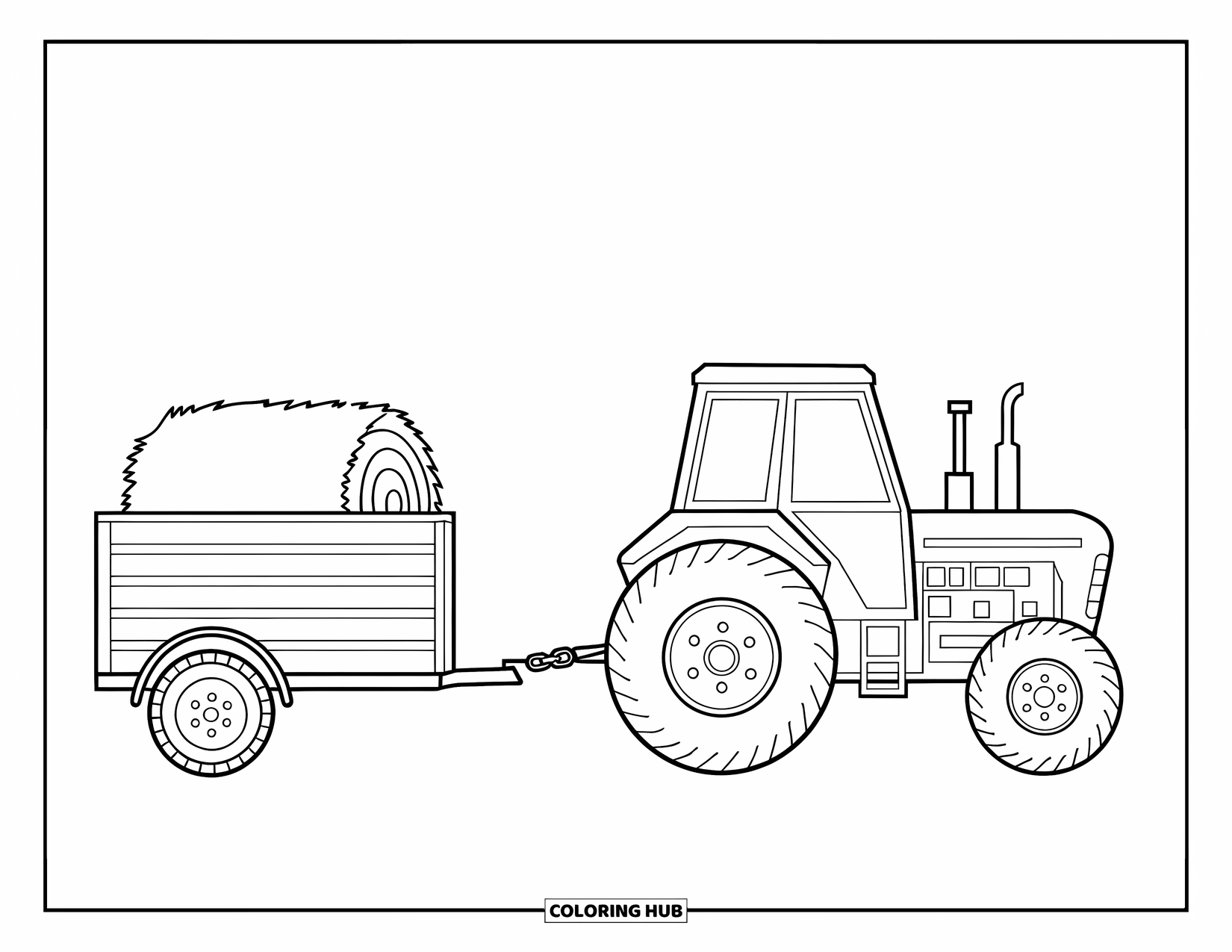 Dibujo de tractor para colorear para niños: Un tractor con ruedas grandes tira de un remolque que transporta una bala de heno rectangular