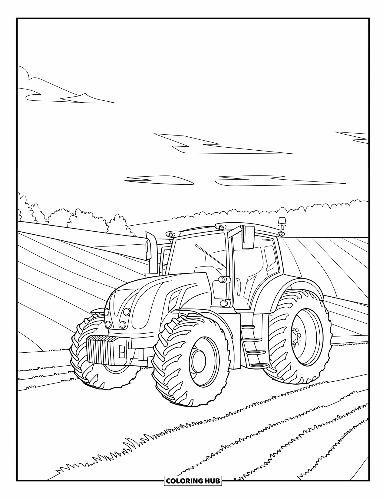 Dibujo de tractor para colorear para niños: Un tractor con ruedas grandes descansa en un camino de tierra con colinas y árboles alrededor