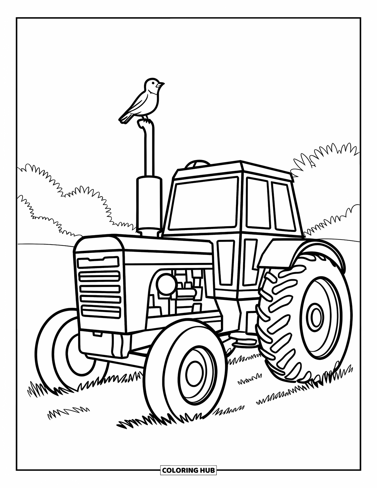 Dibujo de tractor para colorear para niños: Un tractor con ruedas redondas y un pájaro en la parte superior descansa en un campo