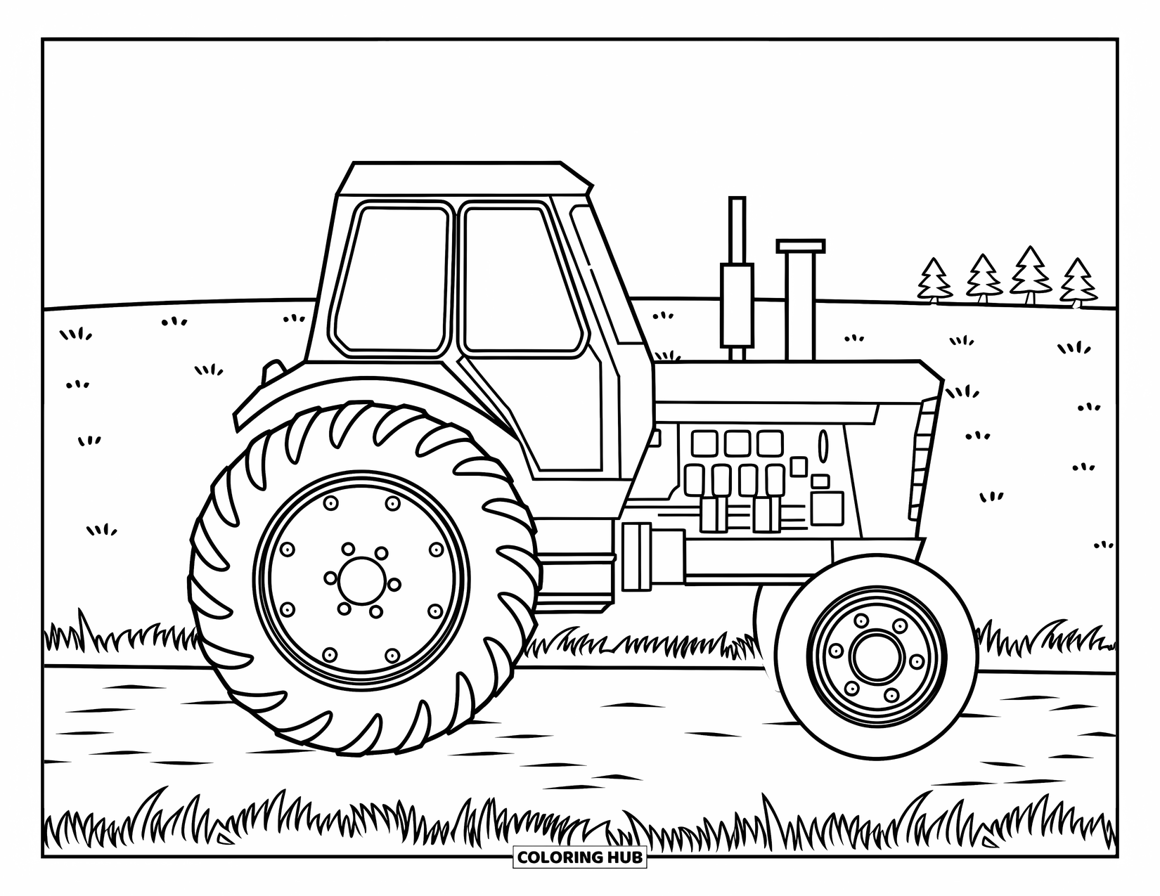 Dibujo de tractor para colorear para niños: Un tractor con ruedas redondas y pernos está estacionado en un camino de tierra junto a campos abiertos