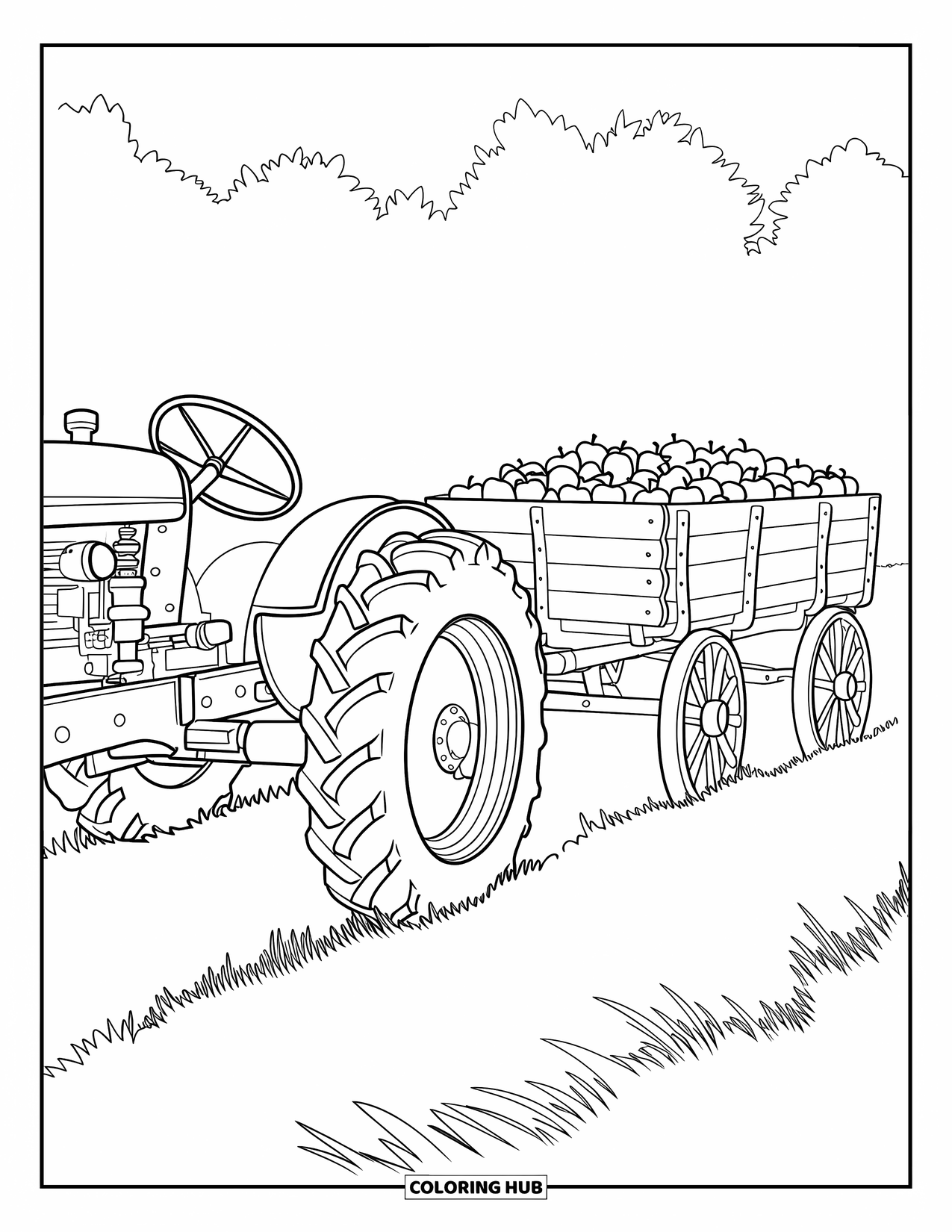 Dibujo de tractor para colorear para niños: Un tractor con engranajes visibles tira de un vagón de madera lleno de manzanas
