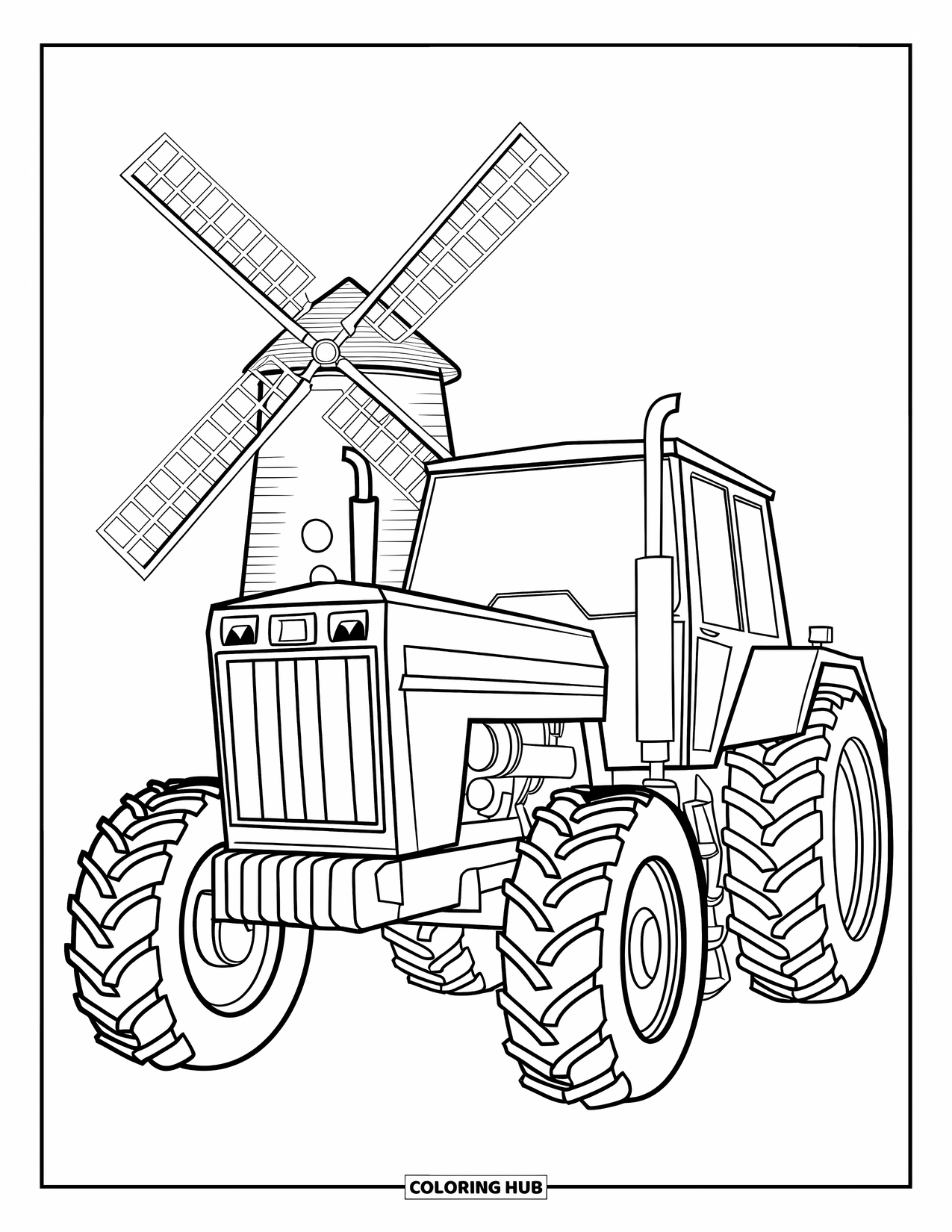 Dibujo de tractor para colorear para niños: Un tractor con huellas de ruedas se encuentra cerca de un molino de viento con contornos limpios y llamativos