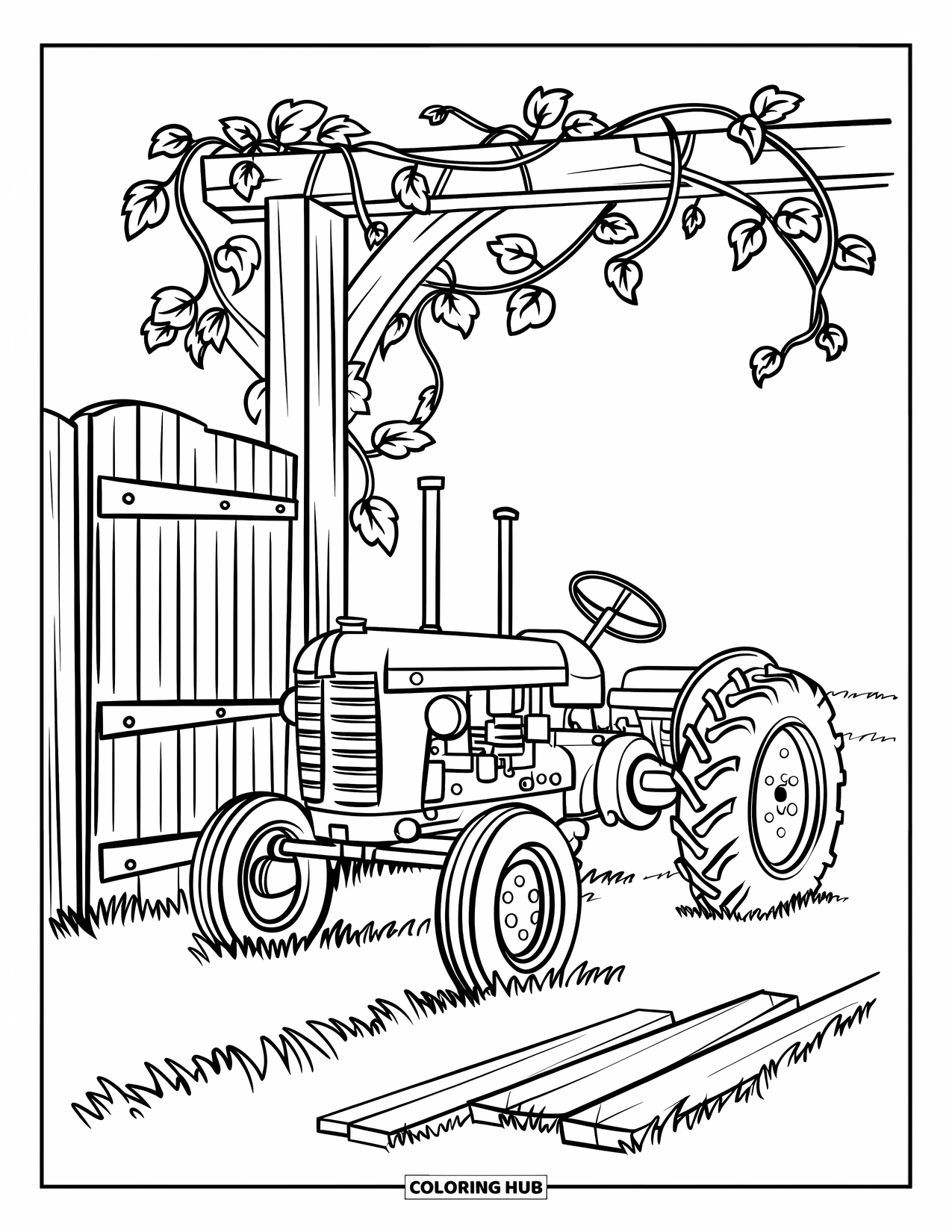 Dibujo de tractor para colorear para niños: Un tractor antiguo está estacionado cerca de una puerta de madera cubierta de enredaderas y un campo de hierba
