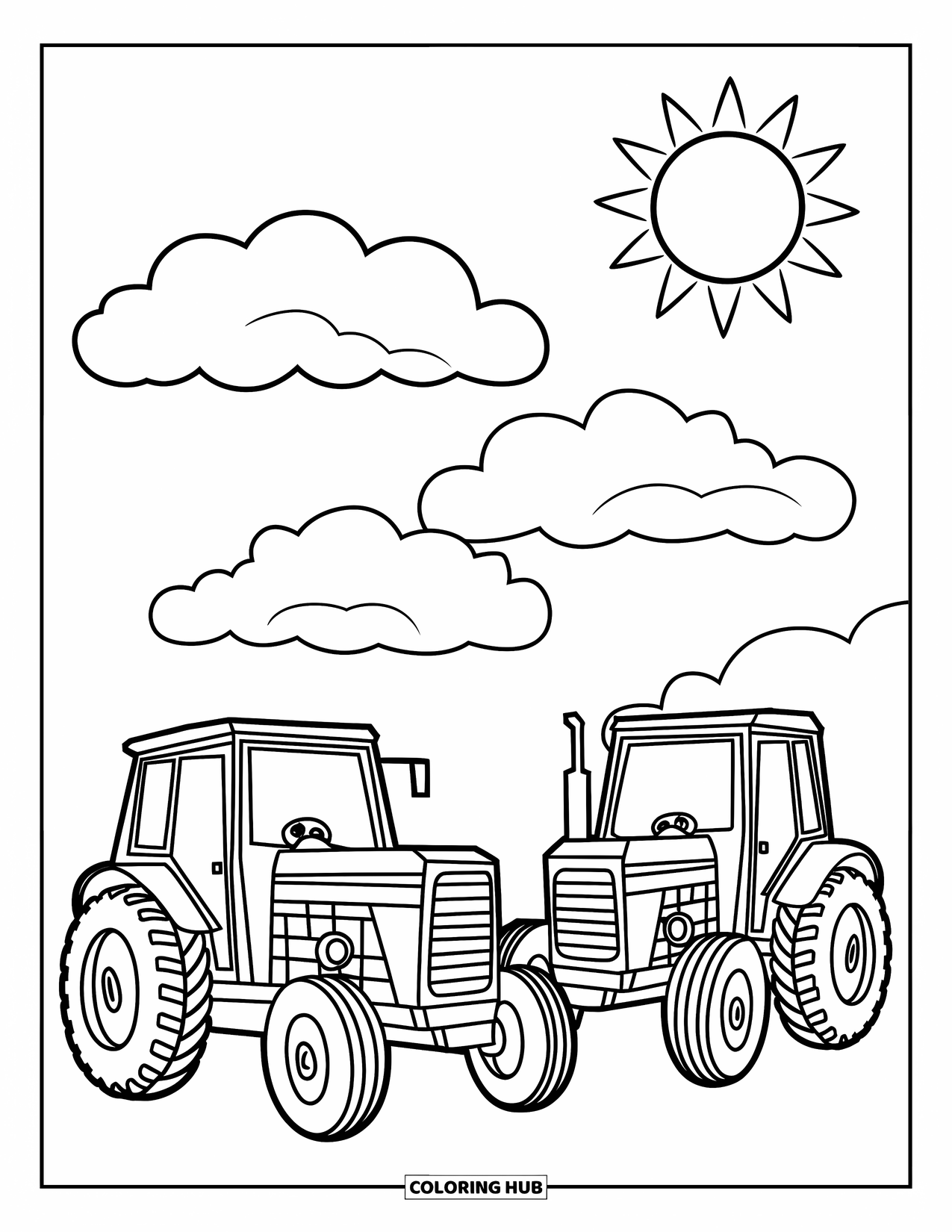 Dibujo de tractor para colorear para niños: Dos tractores alegres se sientan juntos bajo nubes y un sol sonriente