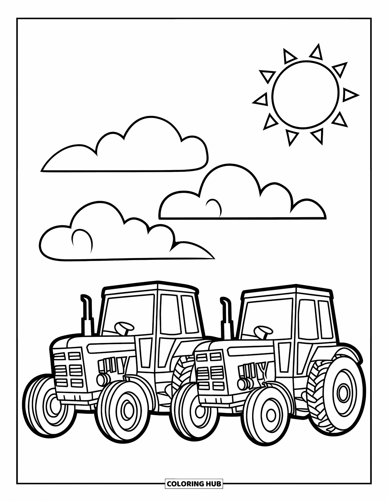 Dibujo de tractor para colorear para niños: Dos tractores están estacionados uno al lado del otro bajo nubes esponjosas y un sol