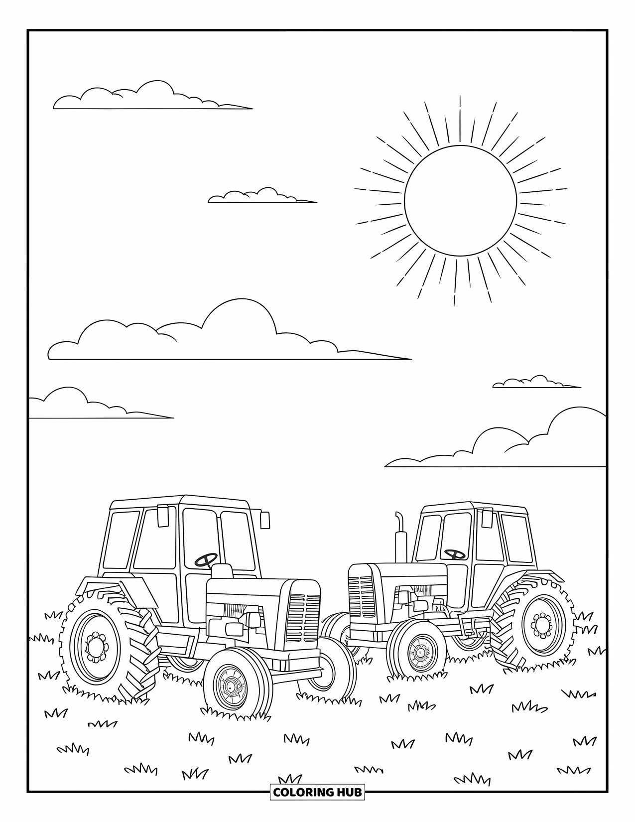 Dibujo de tractor para colorear para niños: Dos tractores se encuentran en un campo cubierto de hierba con nubes y un gran sol arriba