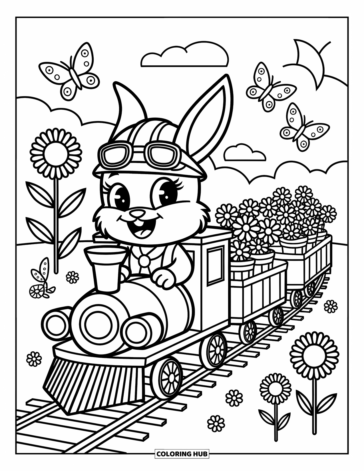 Trein Kleurplaat voor Volwassenen: Een konijnenconducteur bestuurt een trein door velden met zonnebloemen en madeliefjes