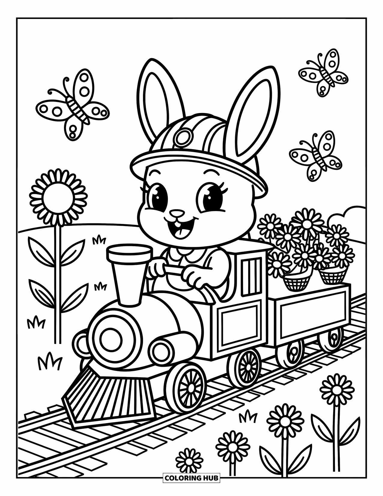 Trein Kleurplaat voor Volwassenen: Een konijn bestuurt een met bloemen gevulde trein door een zonovergoten weide
