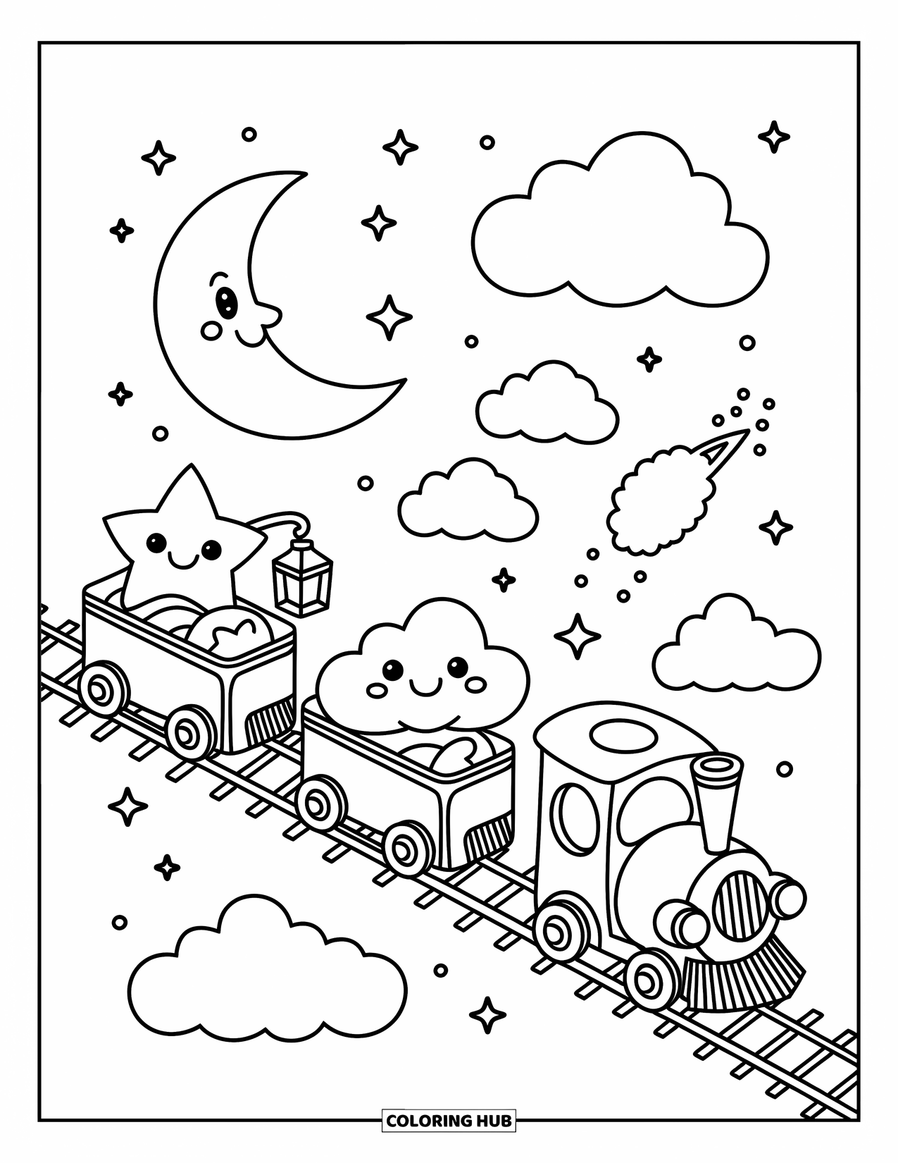 Trein Kleurplaat voor Volwassenen: Een hemelse trein rijdt door de nacht, met een vrolijke maan die zwaait in de buurt