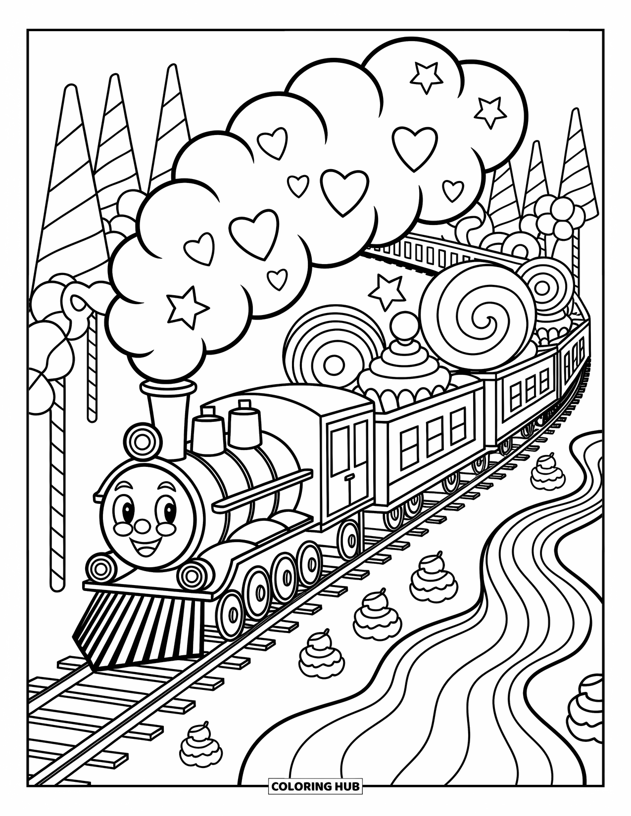 Trein Kleurplaat voor Volwassenen: Een vrolijke trein blaast hartvormige rook terwijl hij door een snoepjesland rolt