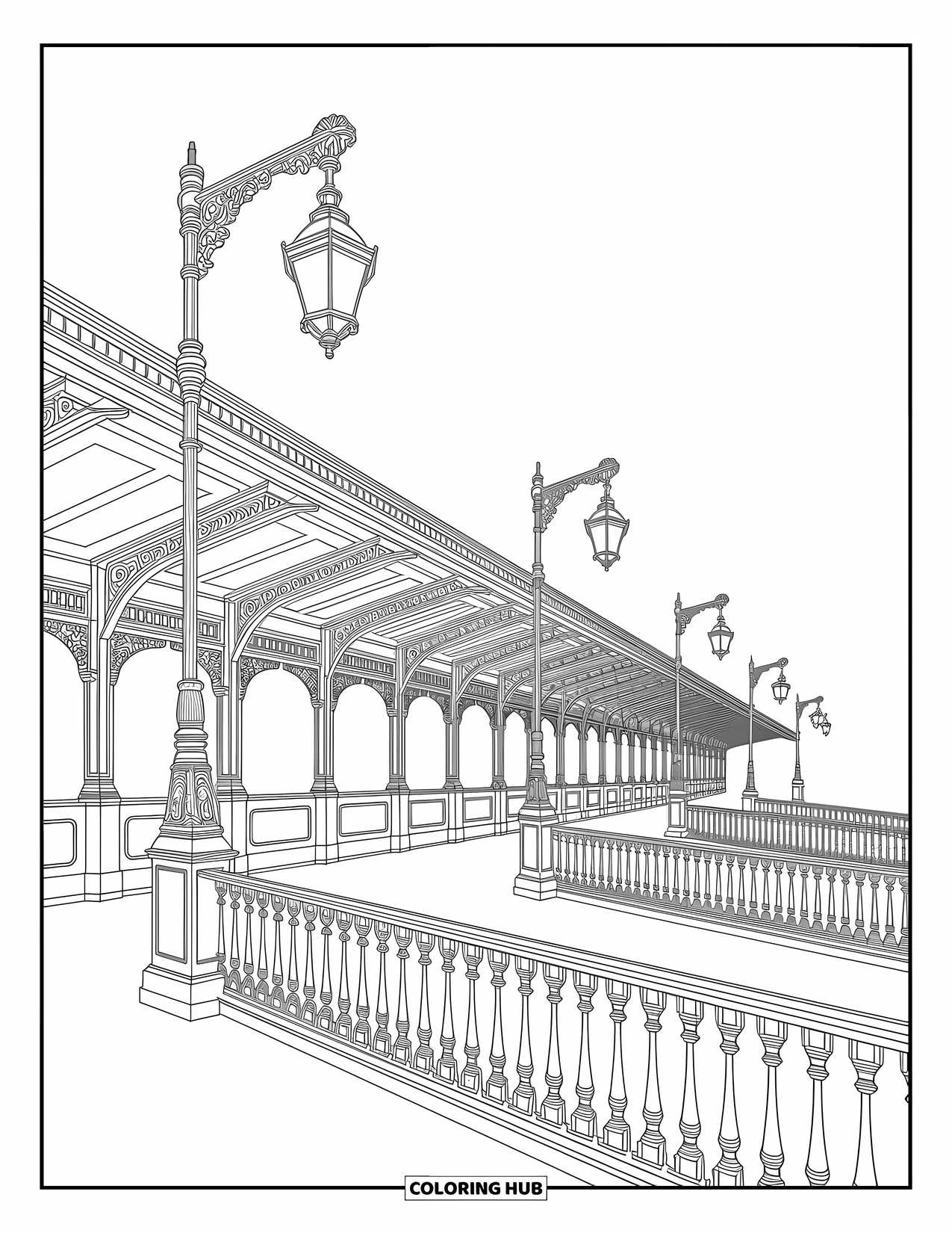 Trein kleurplaat voor volwassenen: Een klassiek treinstation met decoratieve patronen en verfijnde designelementen