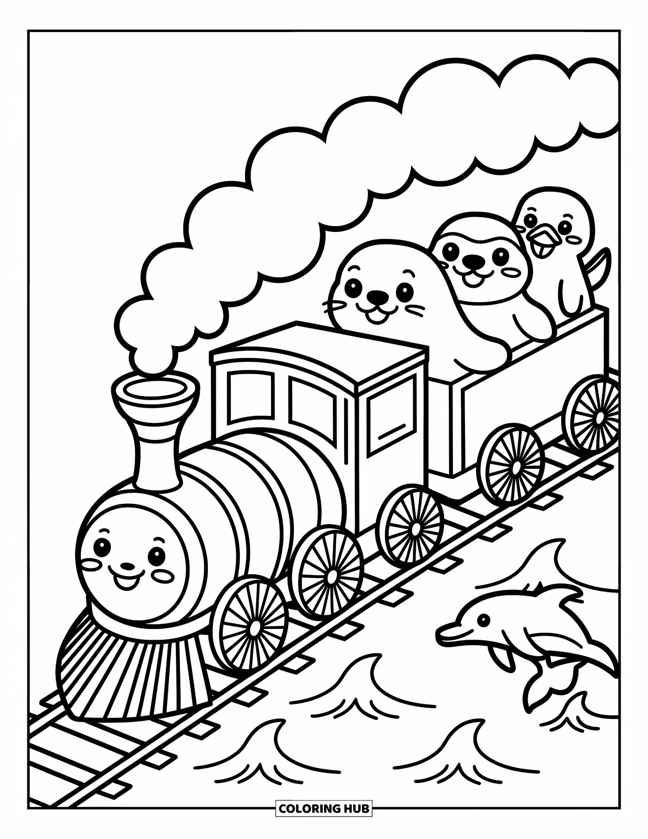 Trein Kleurplaat voor Volwassenen: Een kusttrein glijdt langs de kust, omringd door dolfijnen en oceaangolven