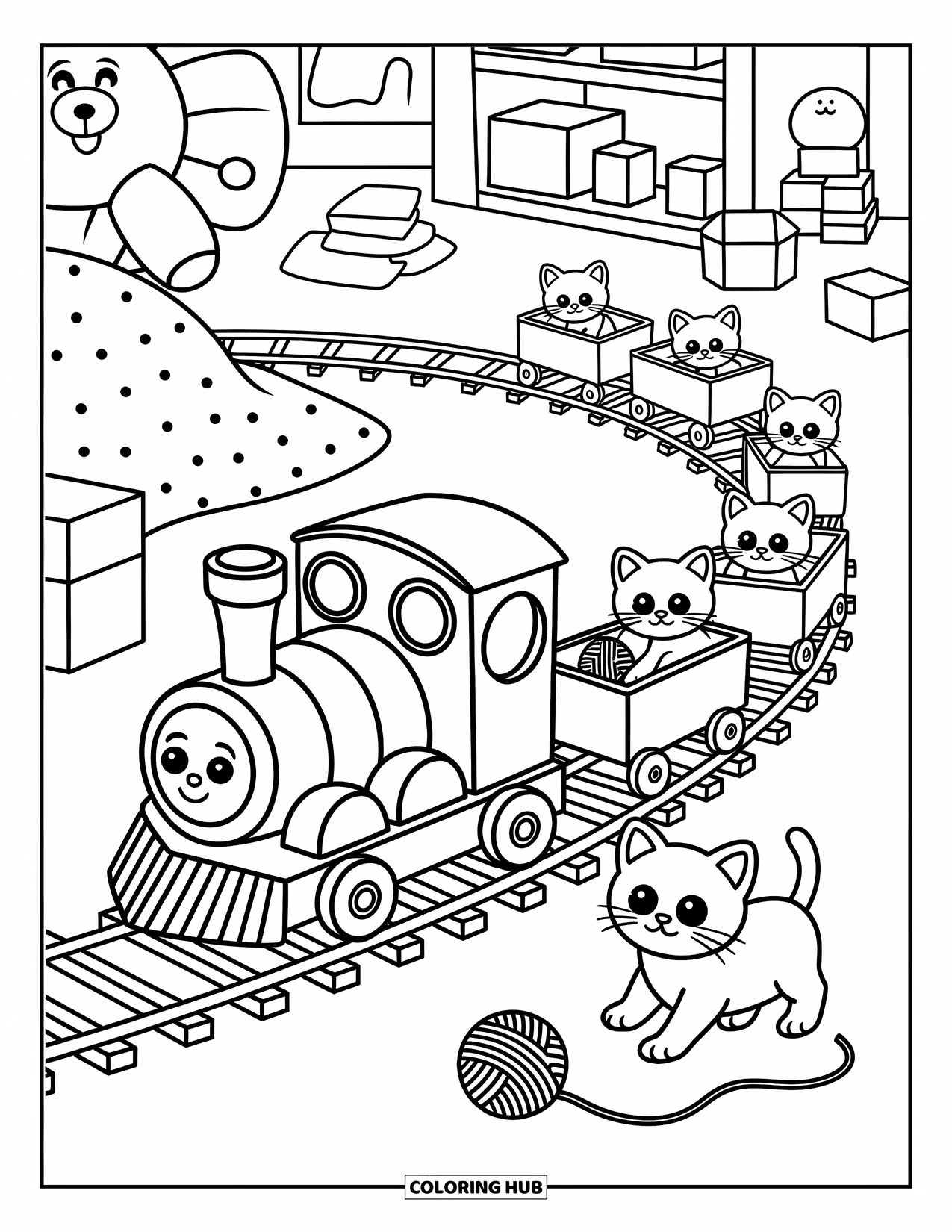 Trein Kleurplaat voor Volwassenen: Een gezellige trein cirkelt rond een slaapkamer en vervoert kittens en speelse garenbollen