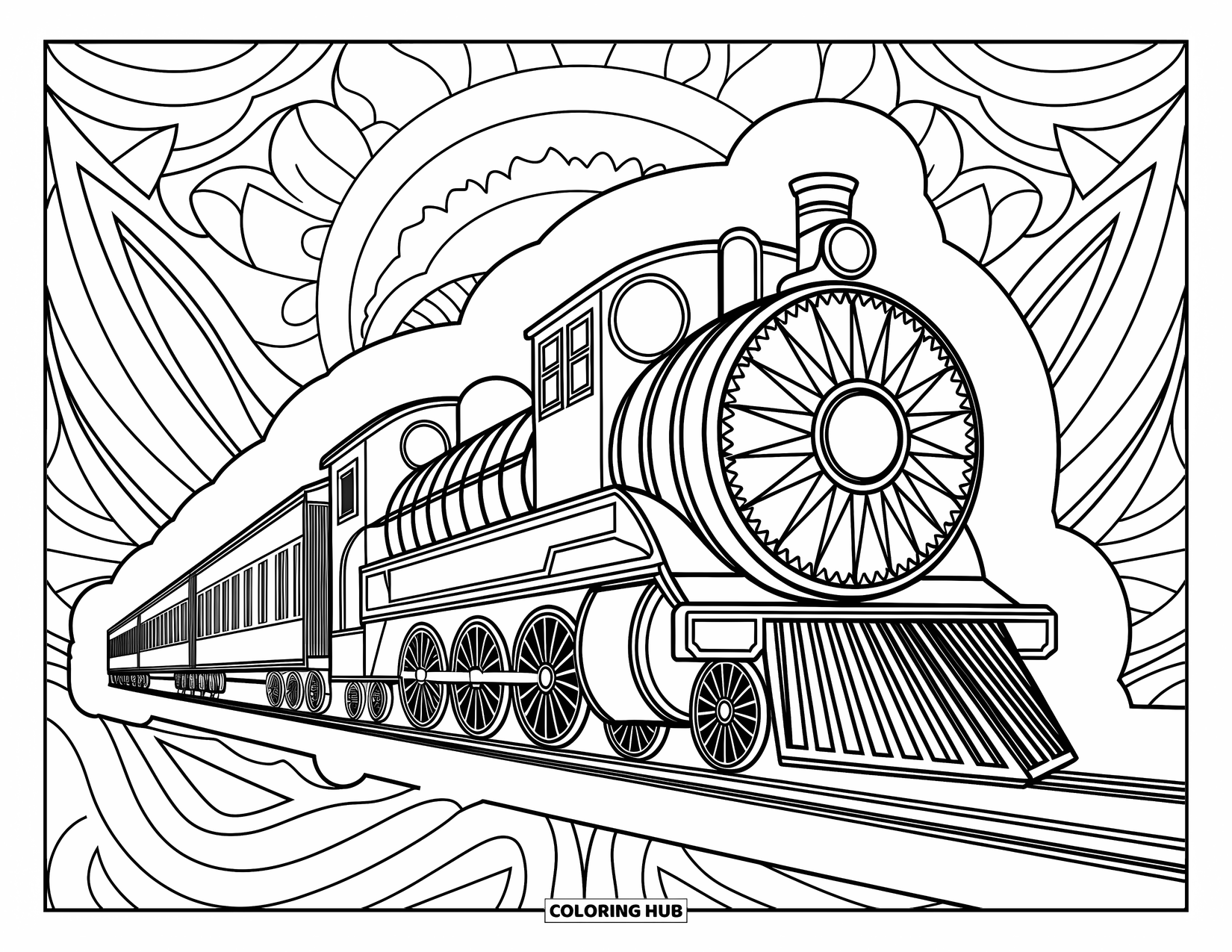 Trein kleurplaat voor volwassenen: Een gedetailleerde trein in mandala-stijl, gevuld met elegante patronen, zorgt voor een ontspannende kleurervaring