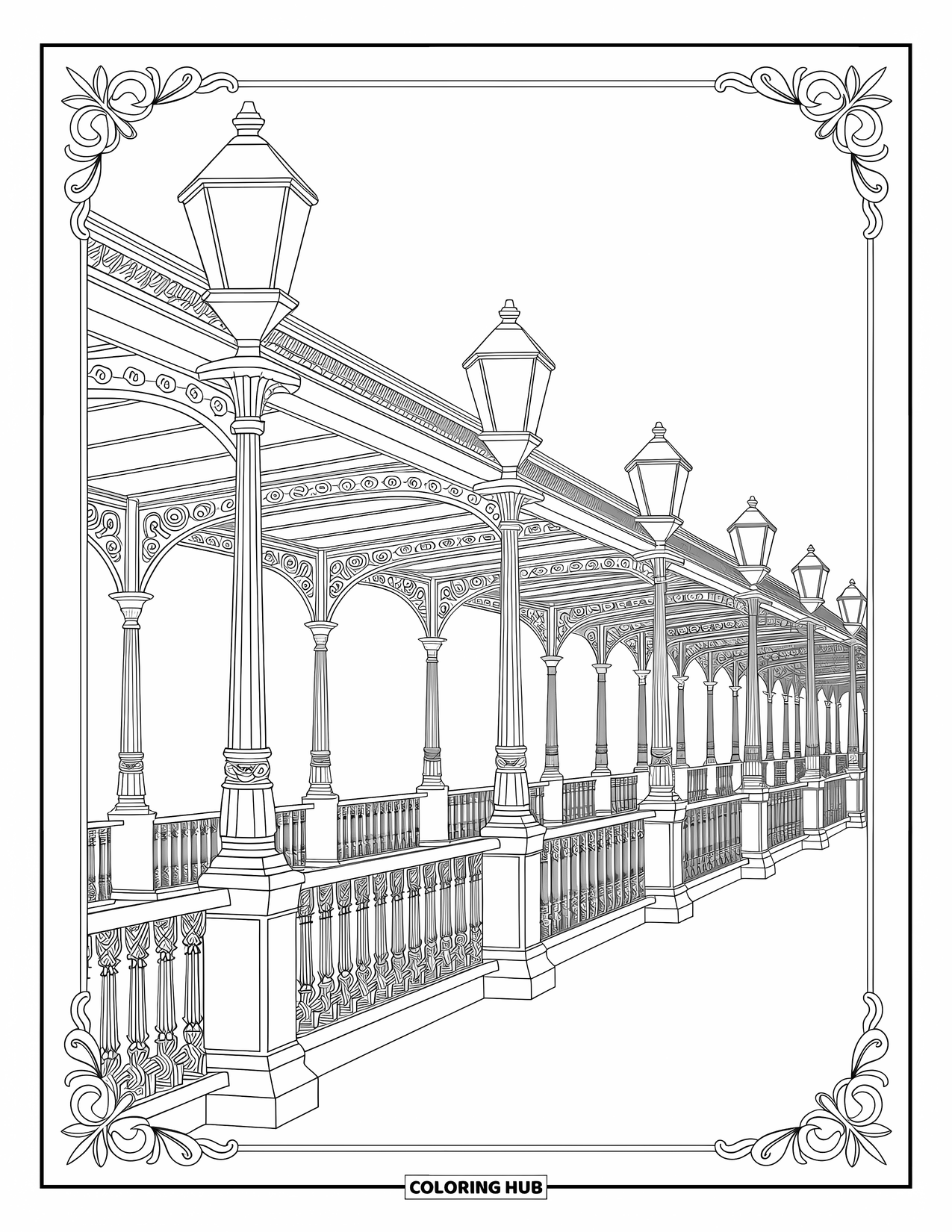 Trein kleurplaat voor volwassenen: Een gedetailleerd treinstation met ingewikkelde metalen leuningen en verfijnde architecturale elementen
