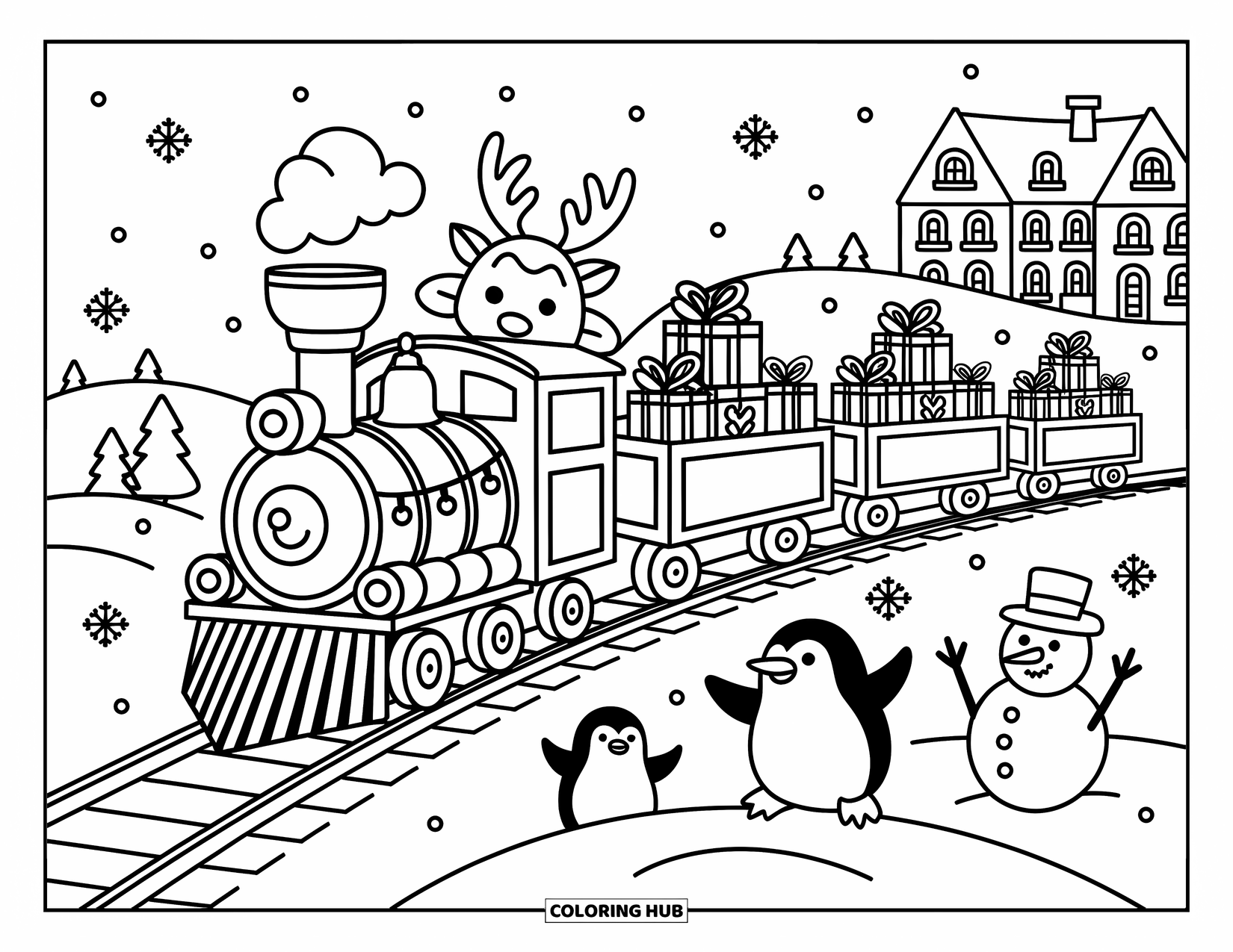 Trein Kleurplaat voor Volwassenen: Een feestelijke trein tuft door besneeuwde heuvels en vervoert geschenken en vrolijke vrienden