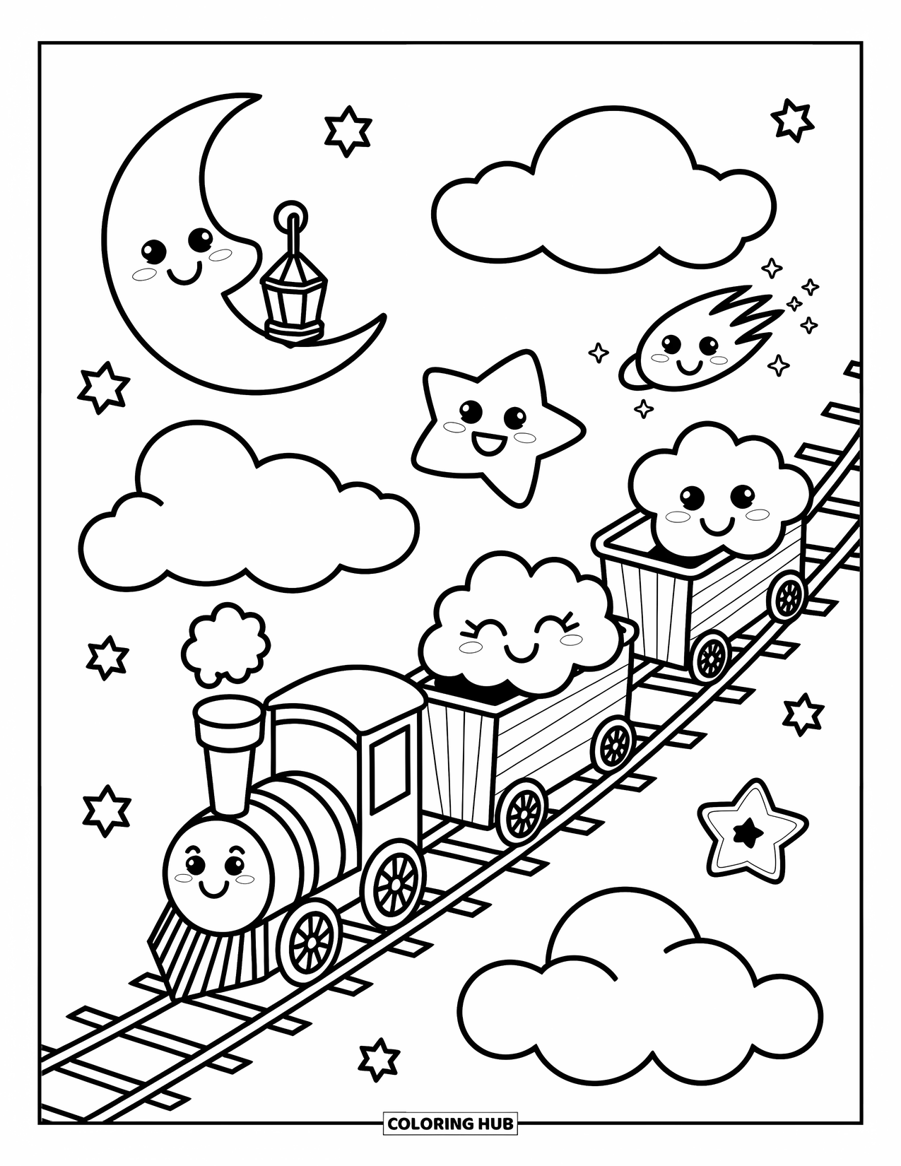 Trein Kleurplaat voor Volwassenen: Een zwevende trein glijdt door de lucht en vervoert sterren en een slaperige wolk