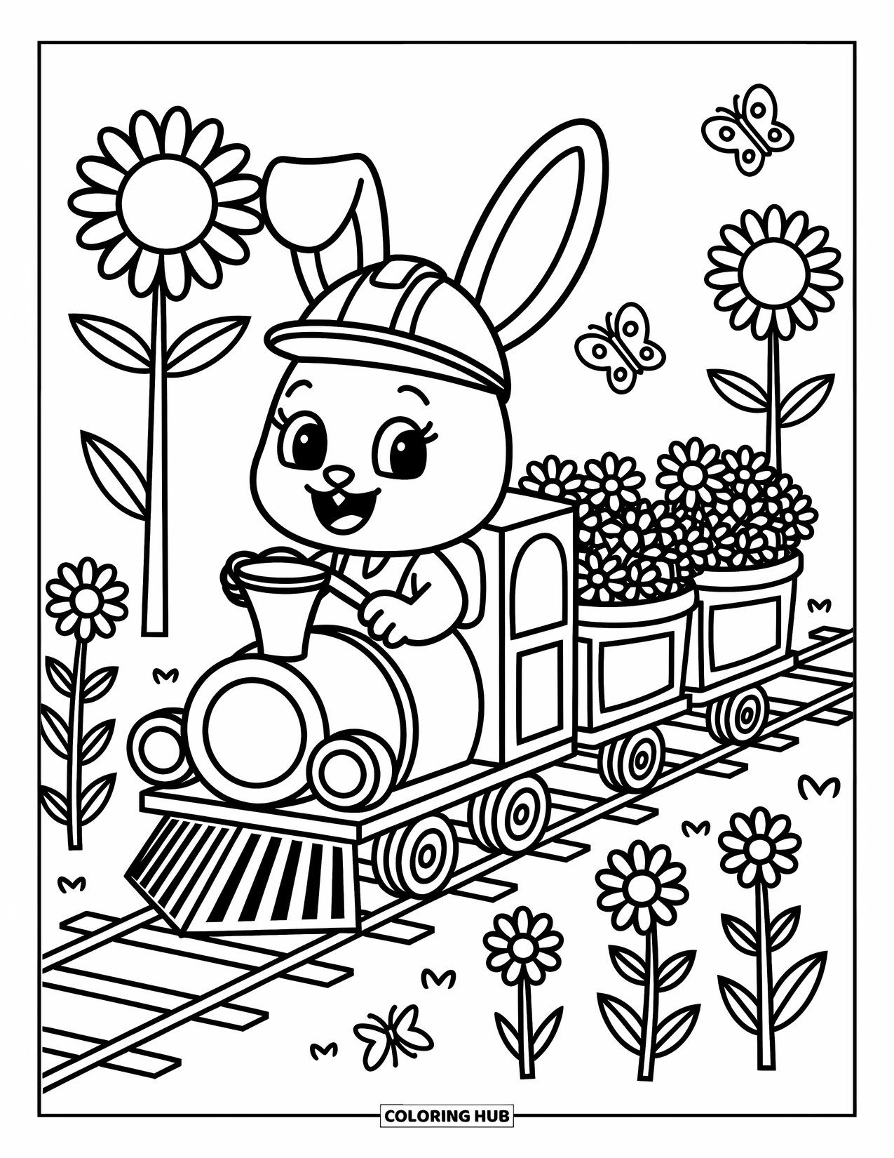 Trein Kleurplaat voor Volwassenen: Een met bloemen gevulde trein reist door een zonnig veld, bestuurd door een konijntje