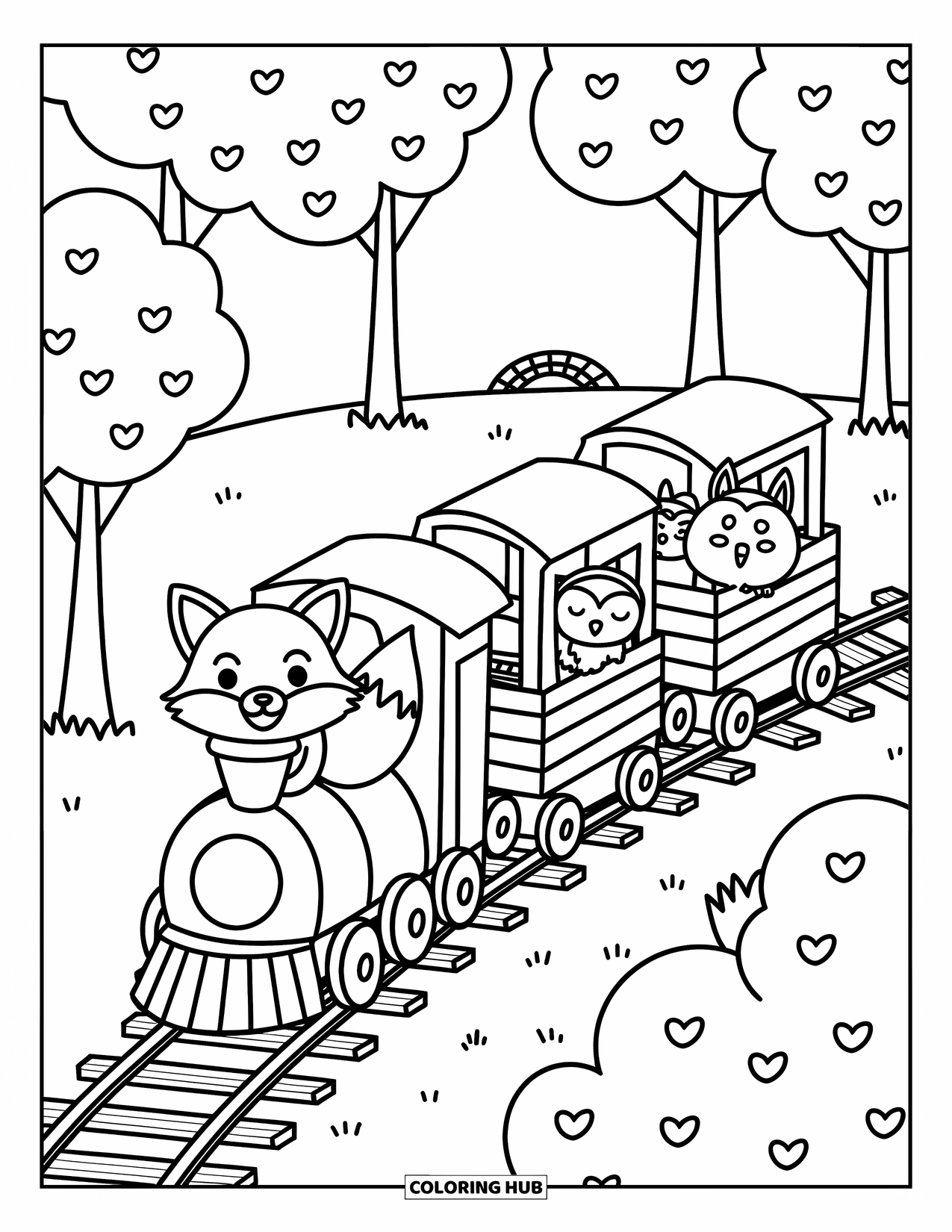 Trein Kleurplaat voor Volwassenen: Een bostrein tuft over houten sporen en vervoert een vos, uil en muis