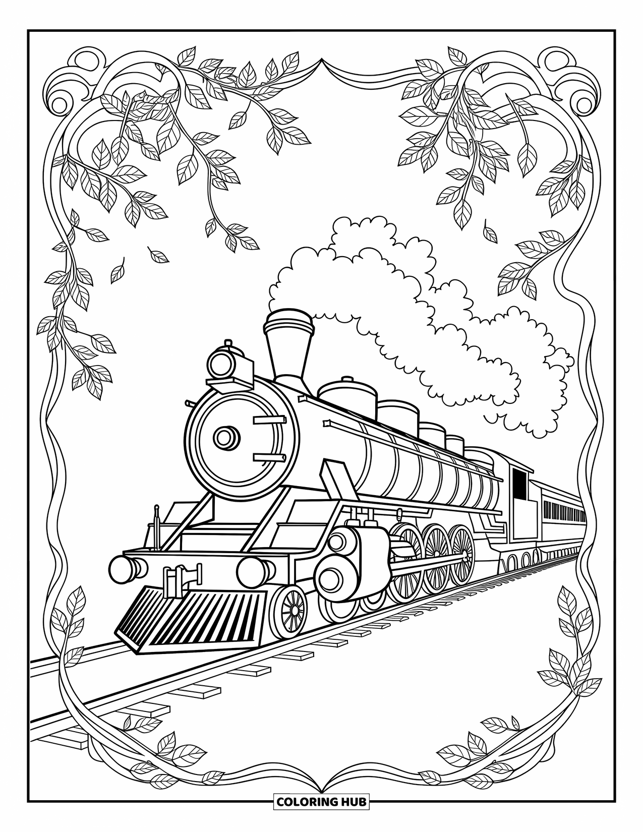 Trein kleurplaat voor volwassenen: Een historische stoomtrein met ingewikkelde details tuft langs herfstbomen en vallende bladeren