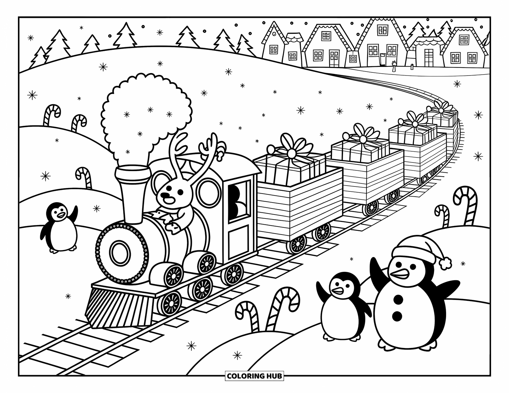 Trein kleurplaat voor volwassenen: Een feestdagtrein rolt door de sneeuw, vol met cadeaus en zwaaiende beestjes