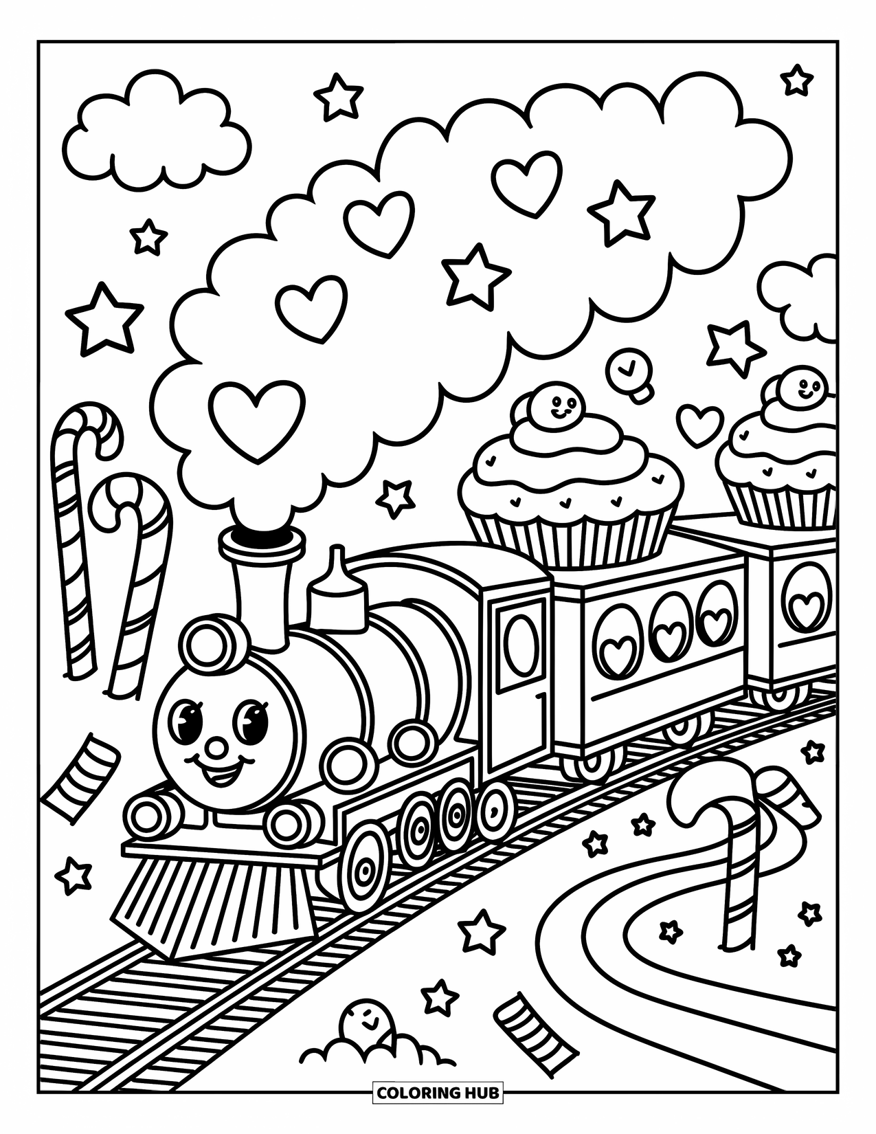 Trein kleurplaat voor volwassenen: Een kawaii-trein blaast hartvormige wolken langs zuurstokbomen en chocoladerivieren