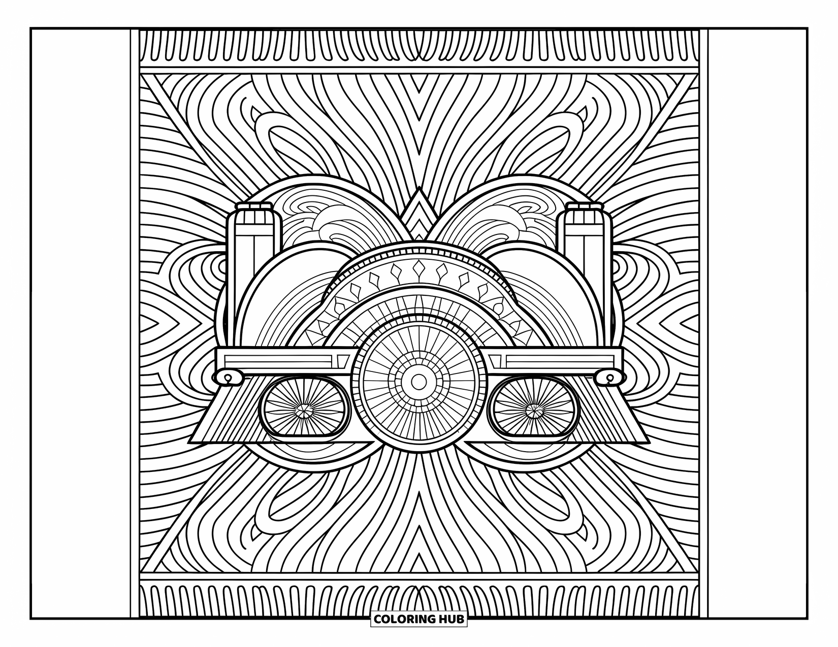 Trein kleurplaat voor volwassenen: Een mandala-geïnspireerde trein met symmetrische ontwerpen en sierlijke vormen nodigt uit tot creativiteit