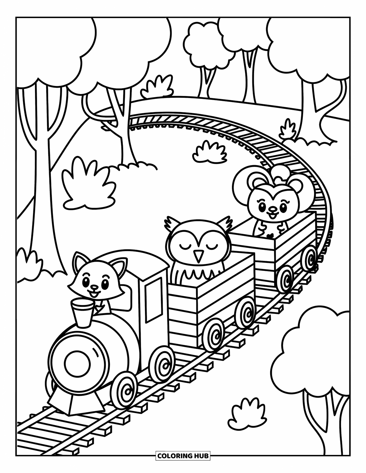 Trein Kleurplaat voor Volwassenen: Een kleine trein slingert door een bos en vervoert een vos, uil en muis