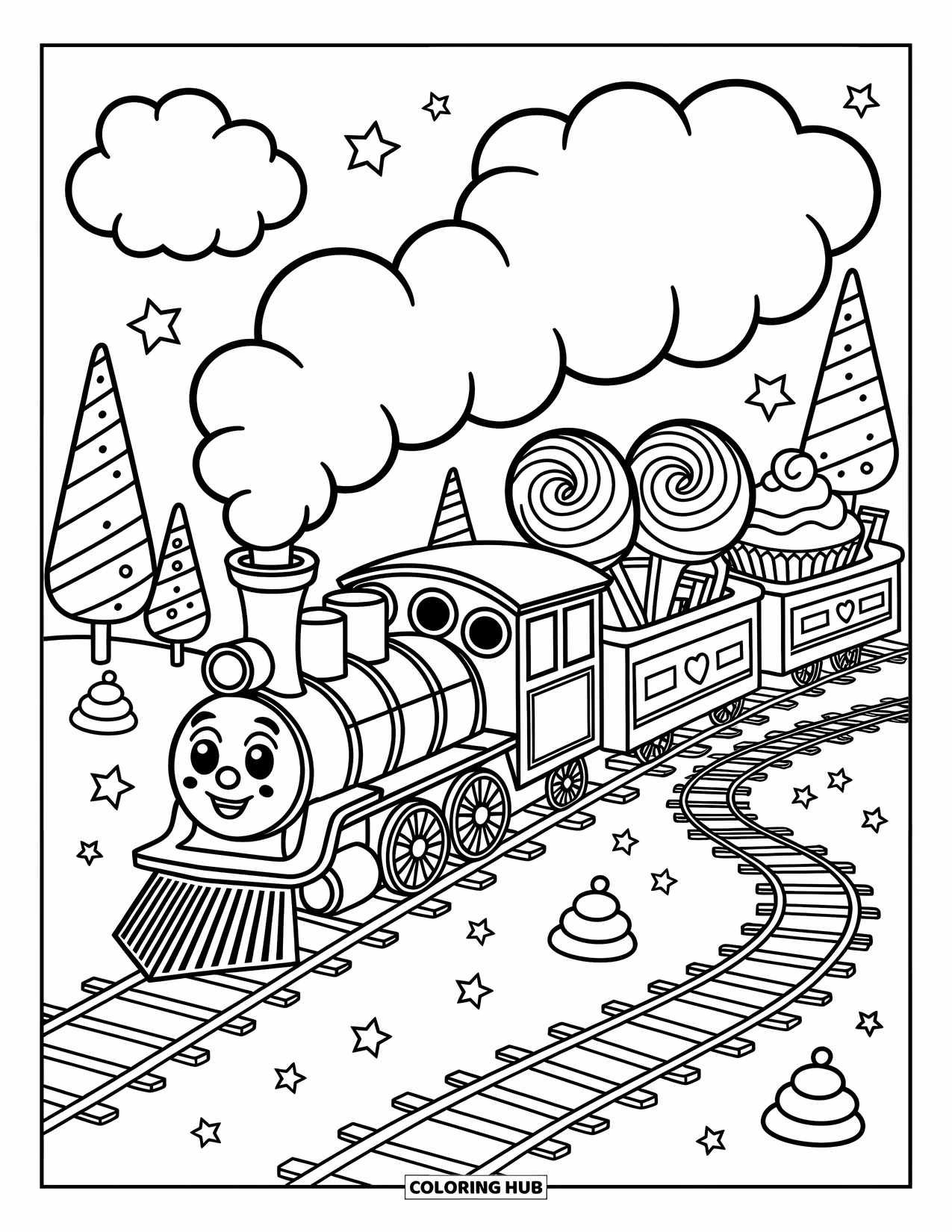 Trein Kleurplaat voor Volwassenen: Een lachende trein tuft door een snoepjeswonderland, gevuld met snoep en lekkernijen
