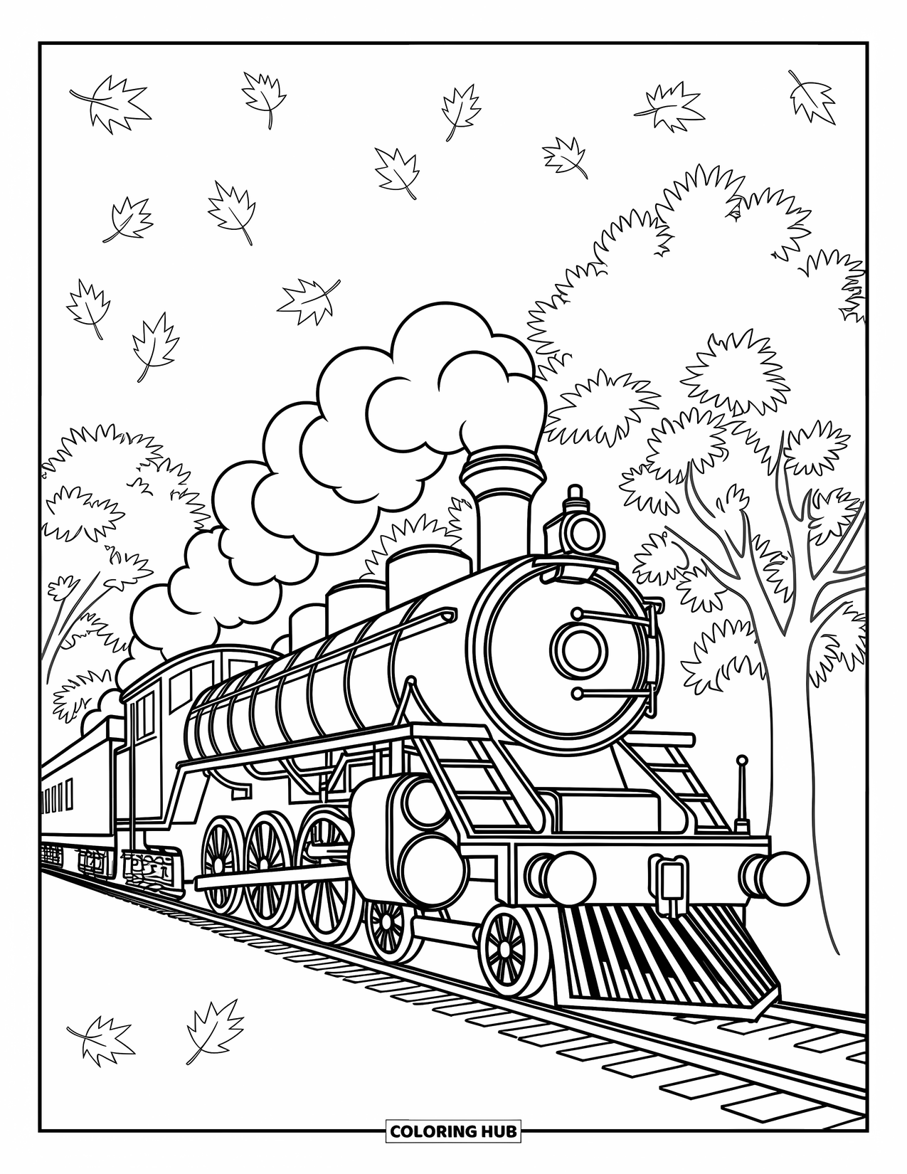 Trein kleurplaat voor volwassenen: Een stoomtrein rijdt langs weelderige herfstbomen, omlijst door wervelende patronen en vallende bladeren