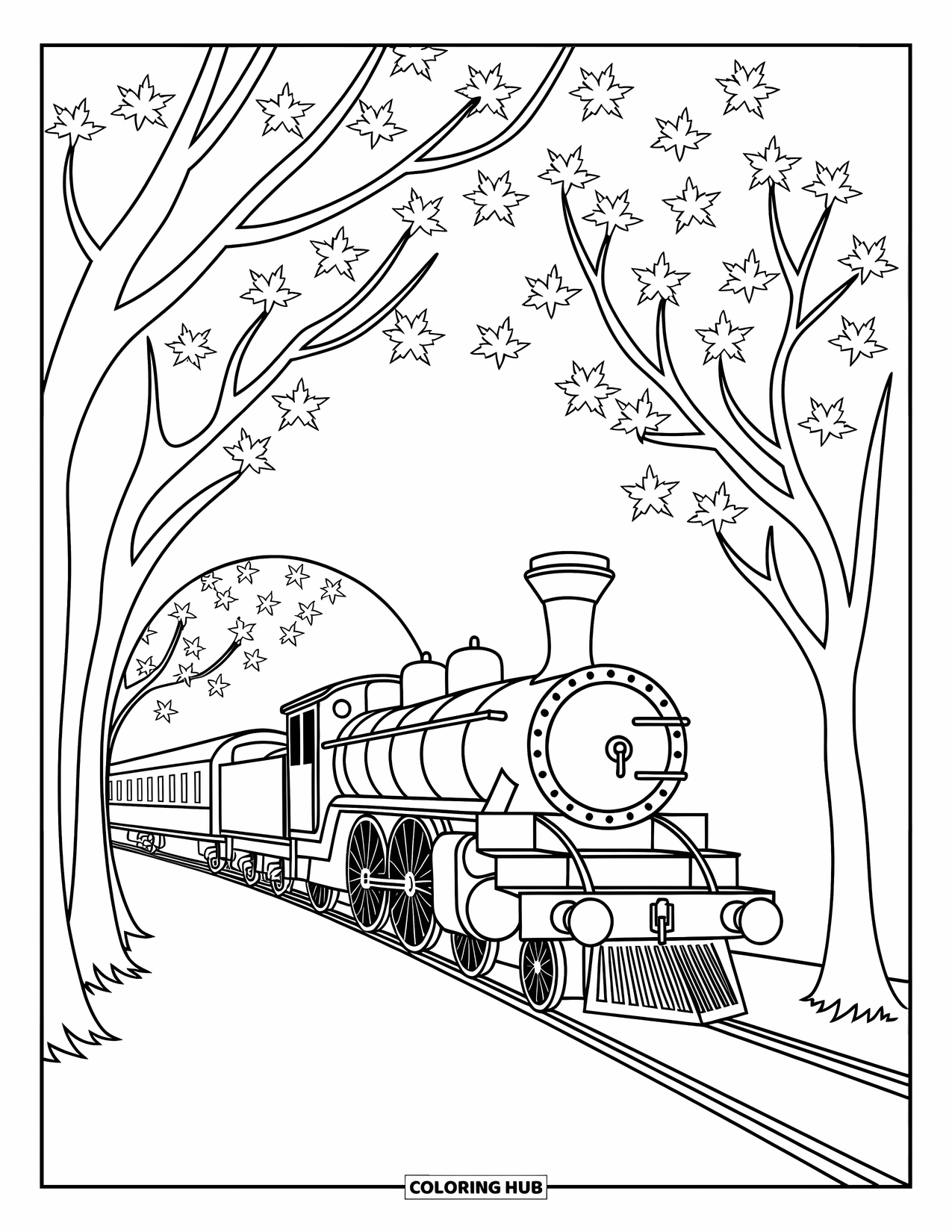 Trein kleurplaat voor volwassenen: Een stoomtrein met gedurfde contouren reist door een tunnel van herfstbomen en wervelende bladeren