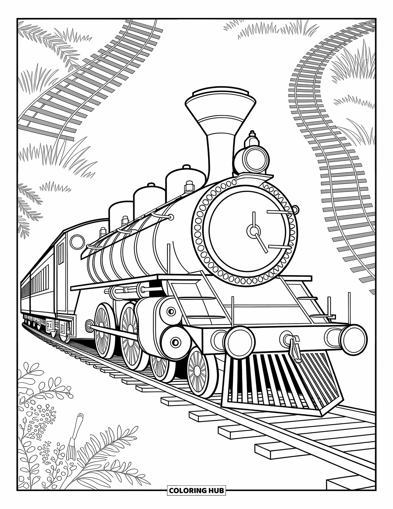 Trein kleurplaat voor volwassenen: Een stoomtrein met elegante gravures en wervelende details biedt een verfijnde kleurervaring