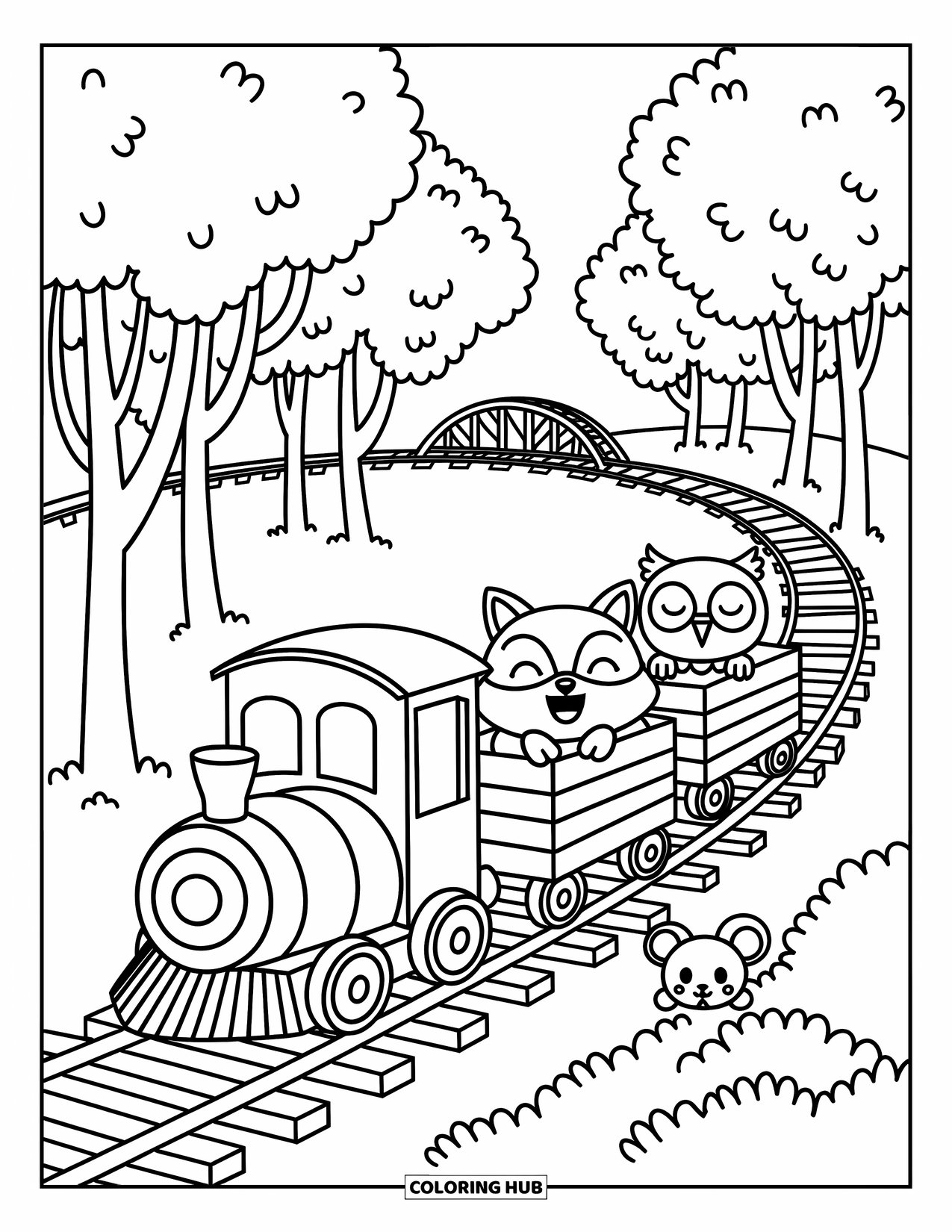Trein Kleurplaat voor Volwassenen: Een klein bostreintje vervoert een vos, uil en muis door het bos