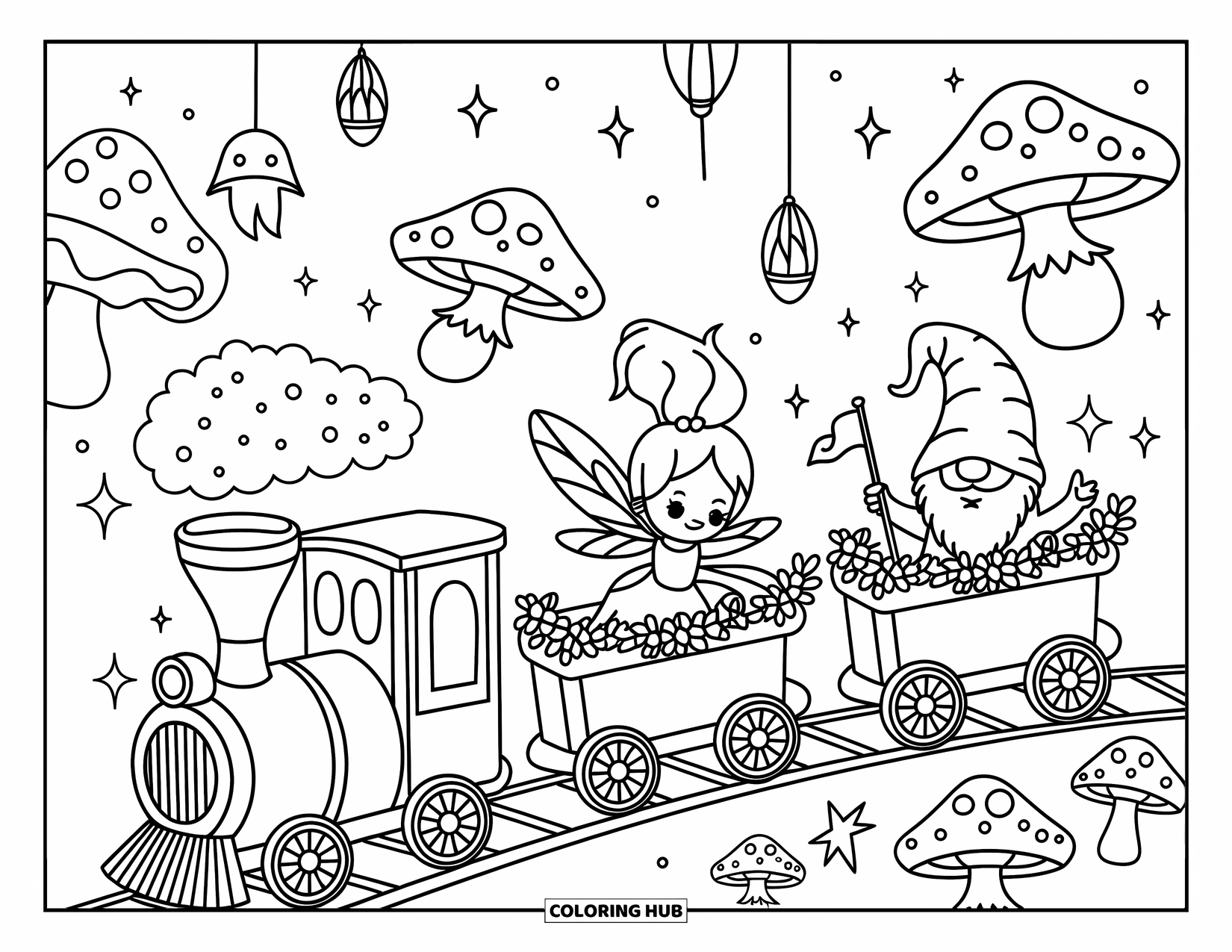 Trein kleurplaat voor volwassenen: Een klein treintje rolt door een sprookjestuin en vervoert een fee, een draak en een kabouter