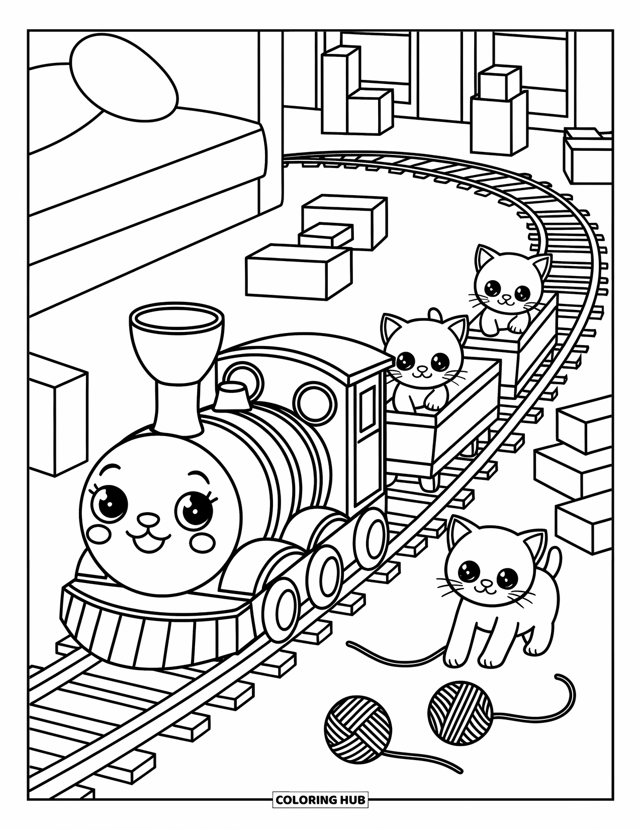 Trein Kleurplaat voor Volwassenen: Een speelgoedtrein vervoert speelse kittens die met garenbollen rollen in een gezellige slaapkamer