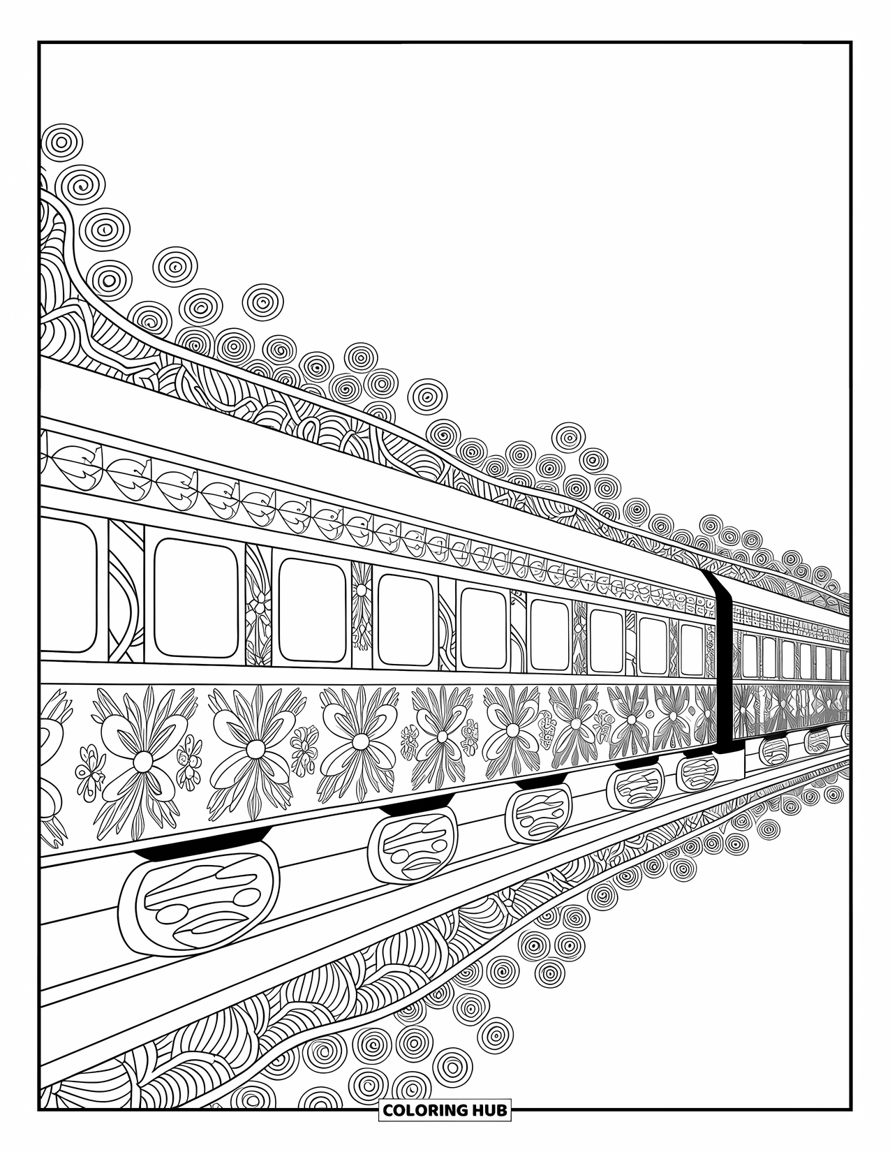 Trein kleurplaat voor volwassenen: Een trein versierd met bloemen- en geometrische motieven reist door een pagina vol details