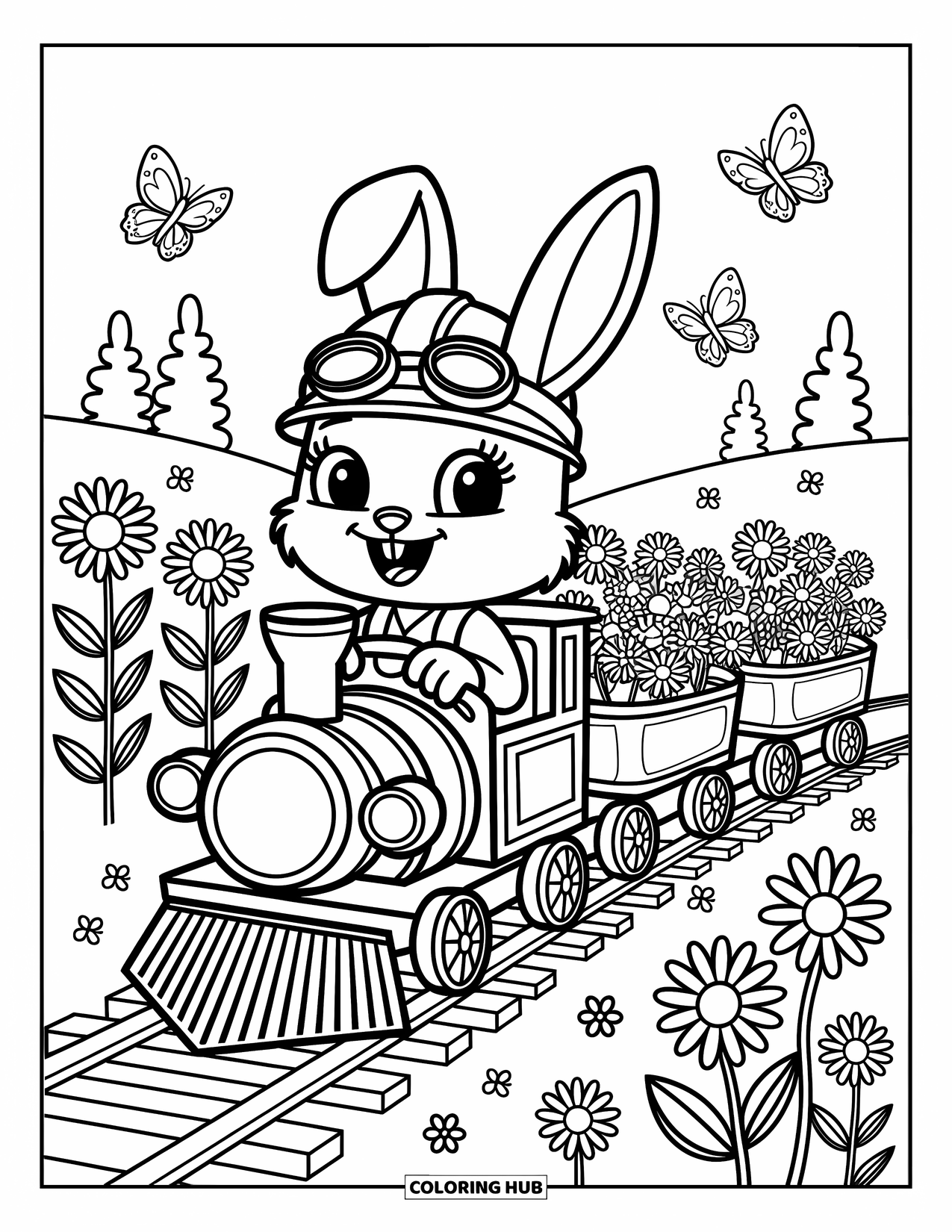 Trein Kleurplaat voor Volwassenen: Een trein gevuld met bloemen rolt door een weide, geleid door een vrolijk konijn