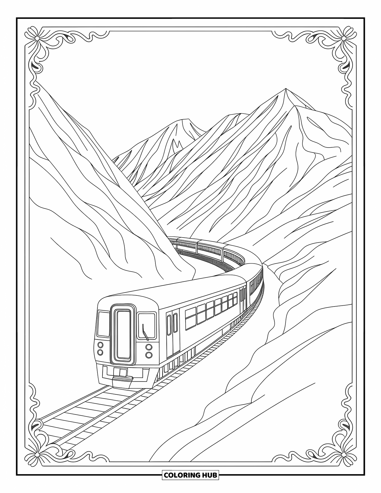 Trein kleurplaat voor volwassenen: Een trein glijdt door besneeuwde toppen, omlijst door ingewikkelde patronen en geometrische vormen