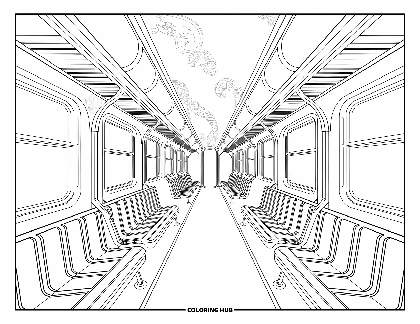 Trein kleurplaat voor volwassenen: Een treininterieur met elegante details en artistieke patronen vult de pagina met verfijning