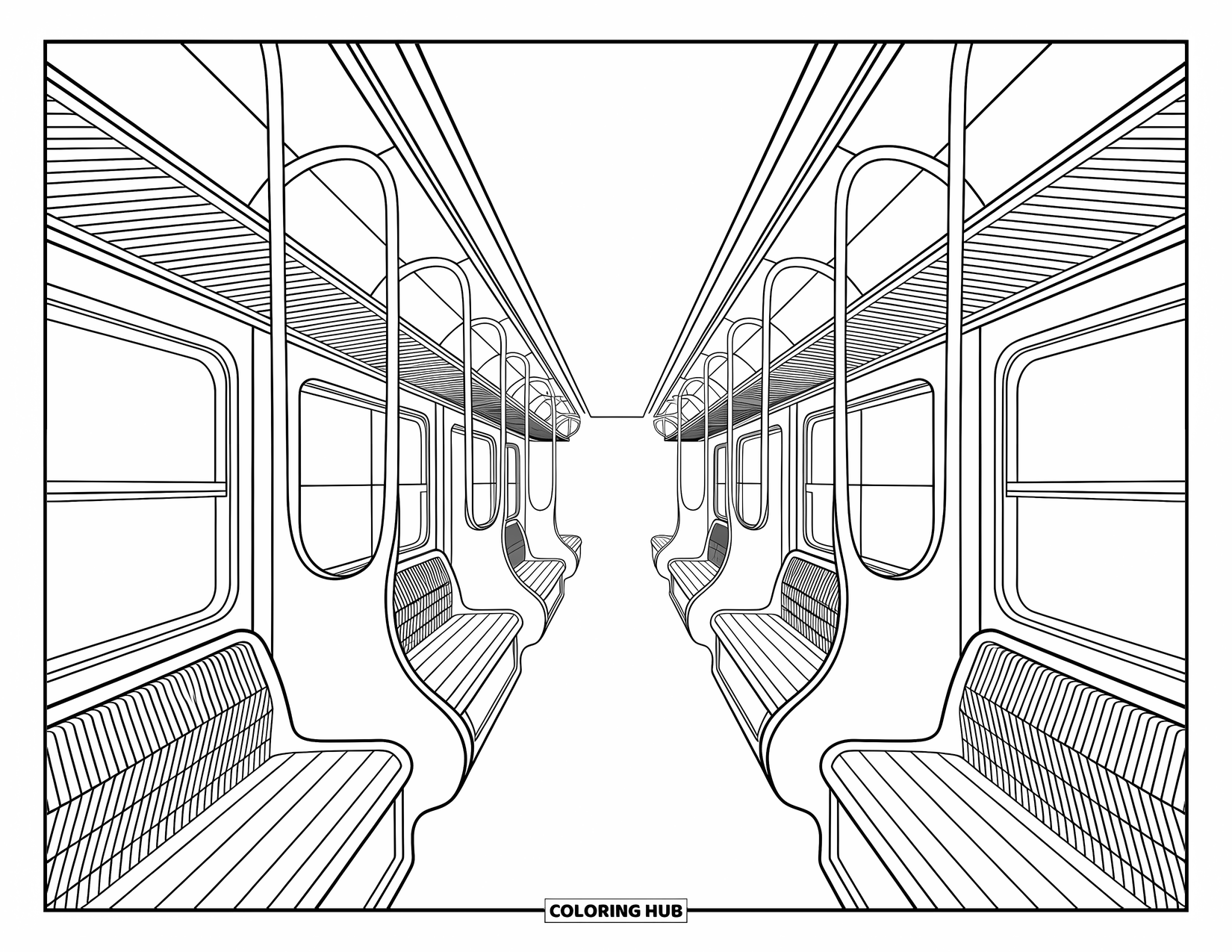 Trein kleurplaat voor volwassenen: Een treininterieur met houten stoelen en gedetailleerde bagagerekken, versierd met ingewikkelde patronen